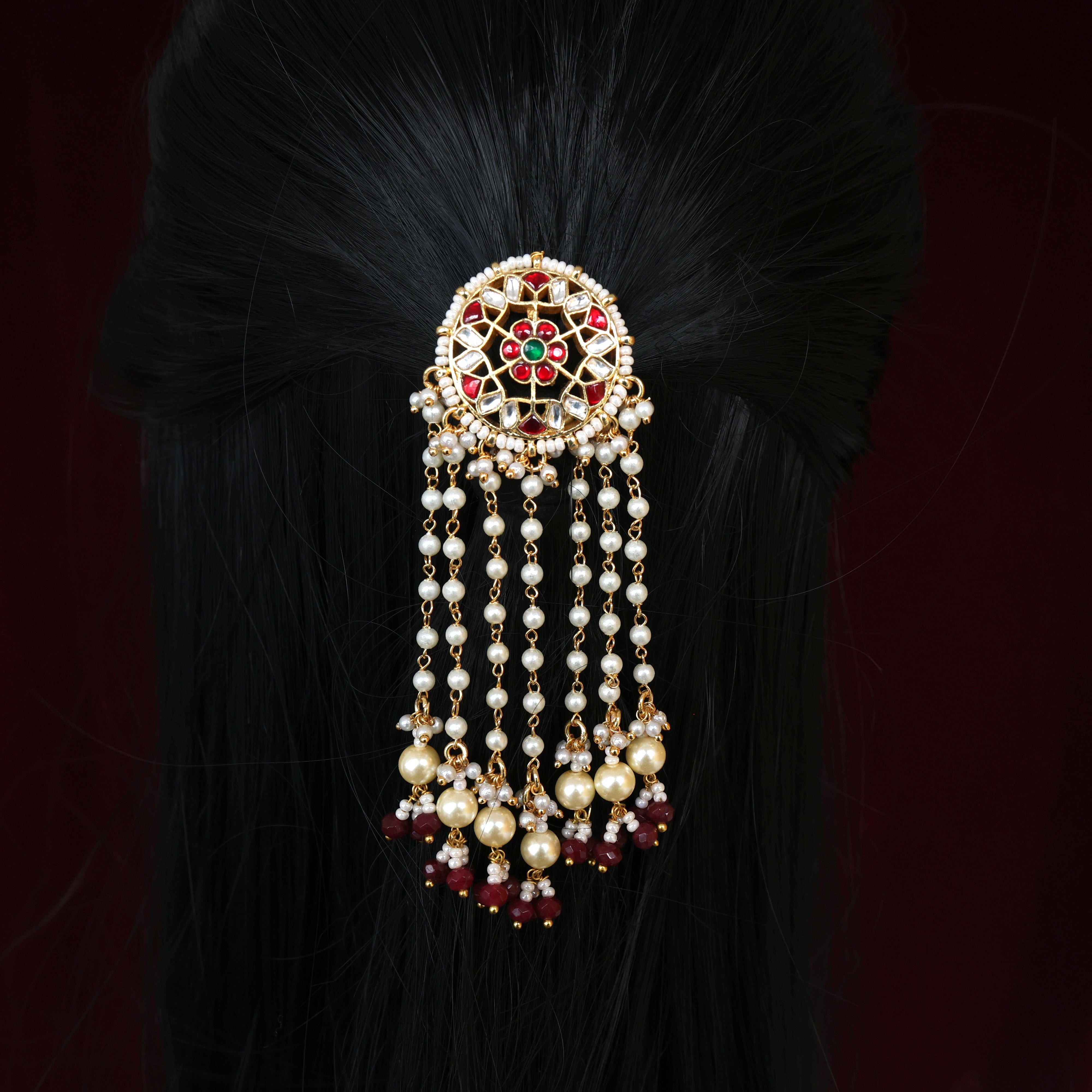 Premium Pachi Kundan Star Flower Pearl Line Single Piece Bridal Choti