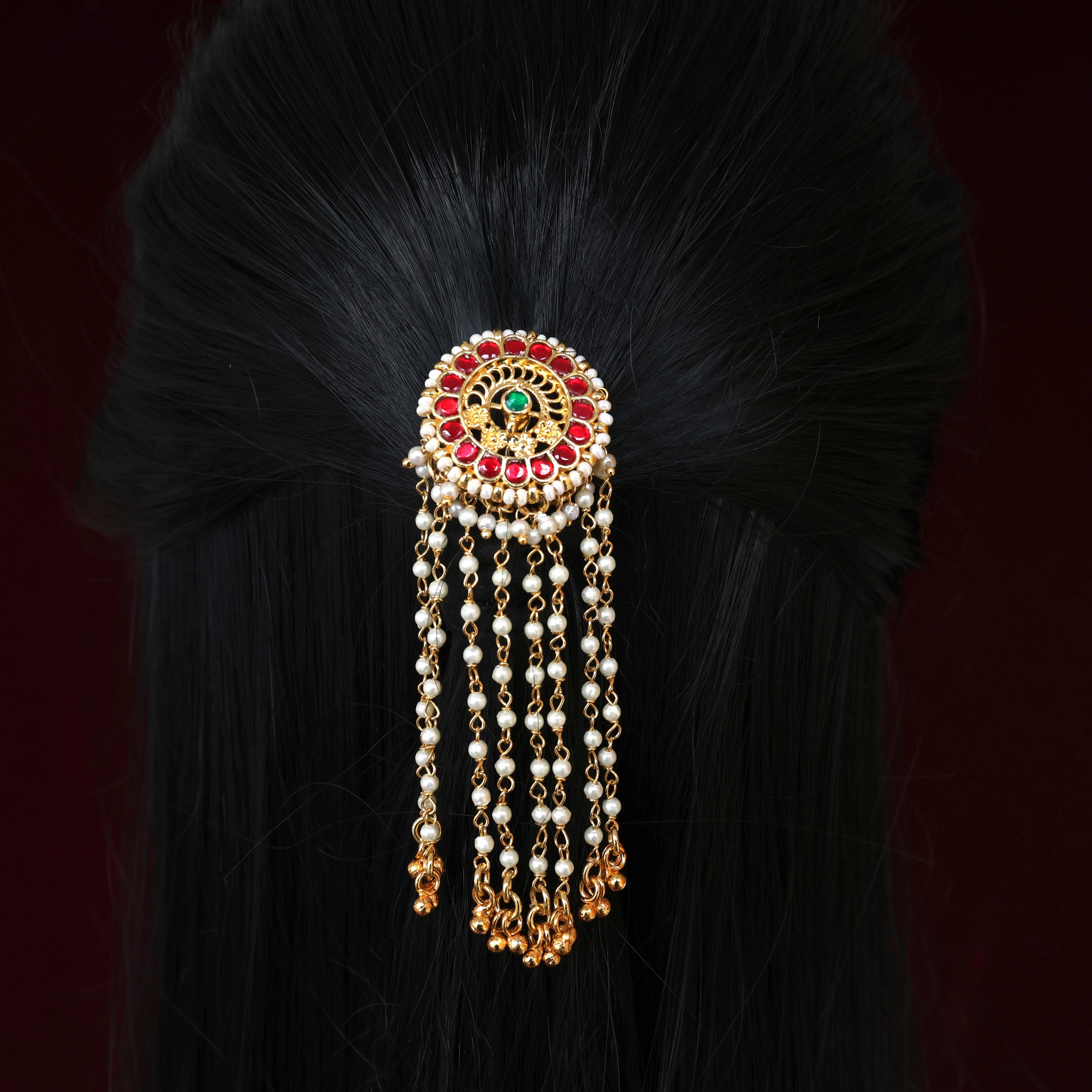 Premium Pachi Kundan Pearl Rain Floral Chakra Single Piece Bridal Choti