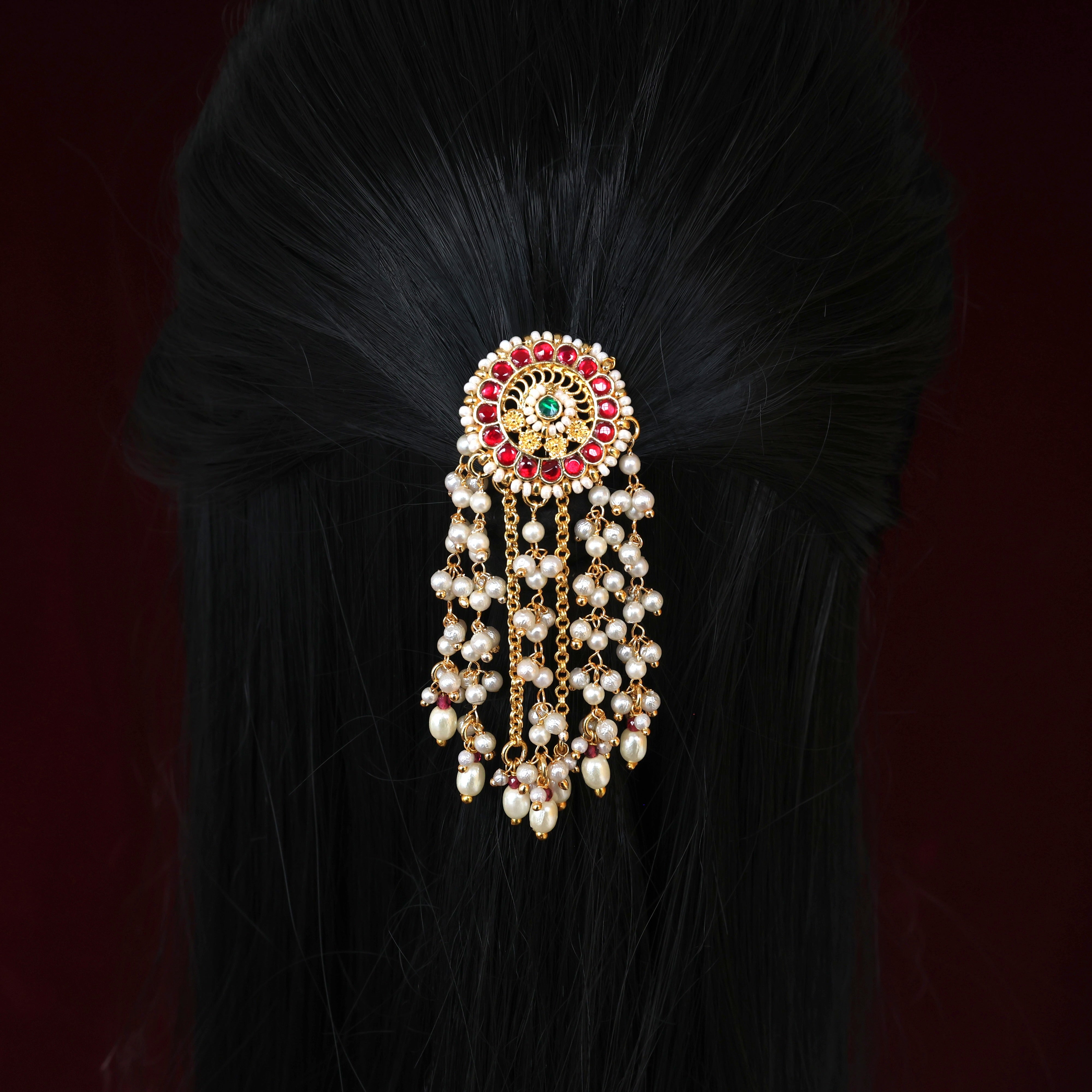 Premium Pachi Kundan Pearl Rains Single Piece Bridal Choti