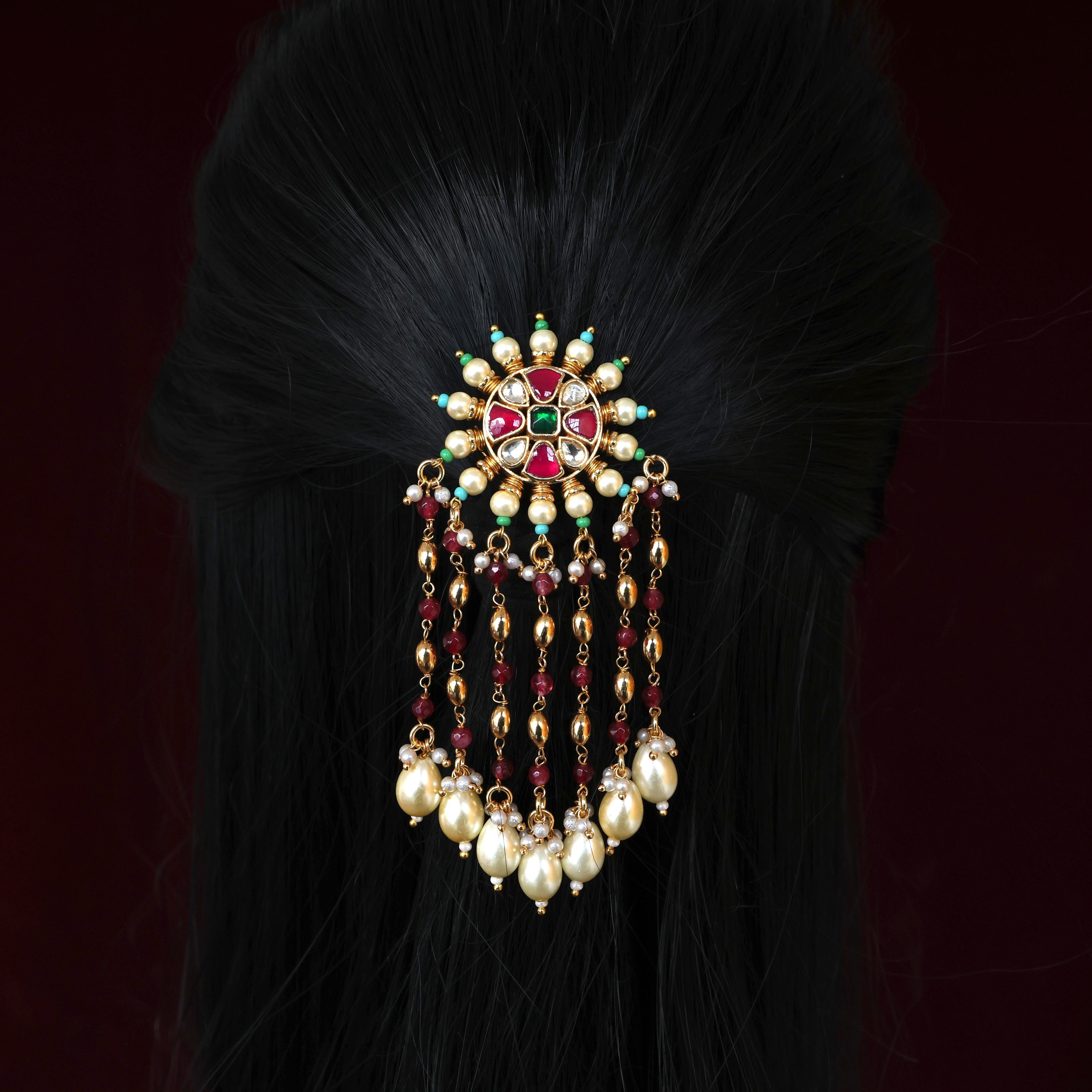 Premium Pachi Kundan Gold Pearl Drops Single Piece Bridal Choti