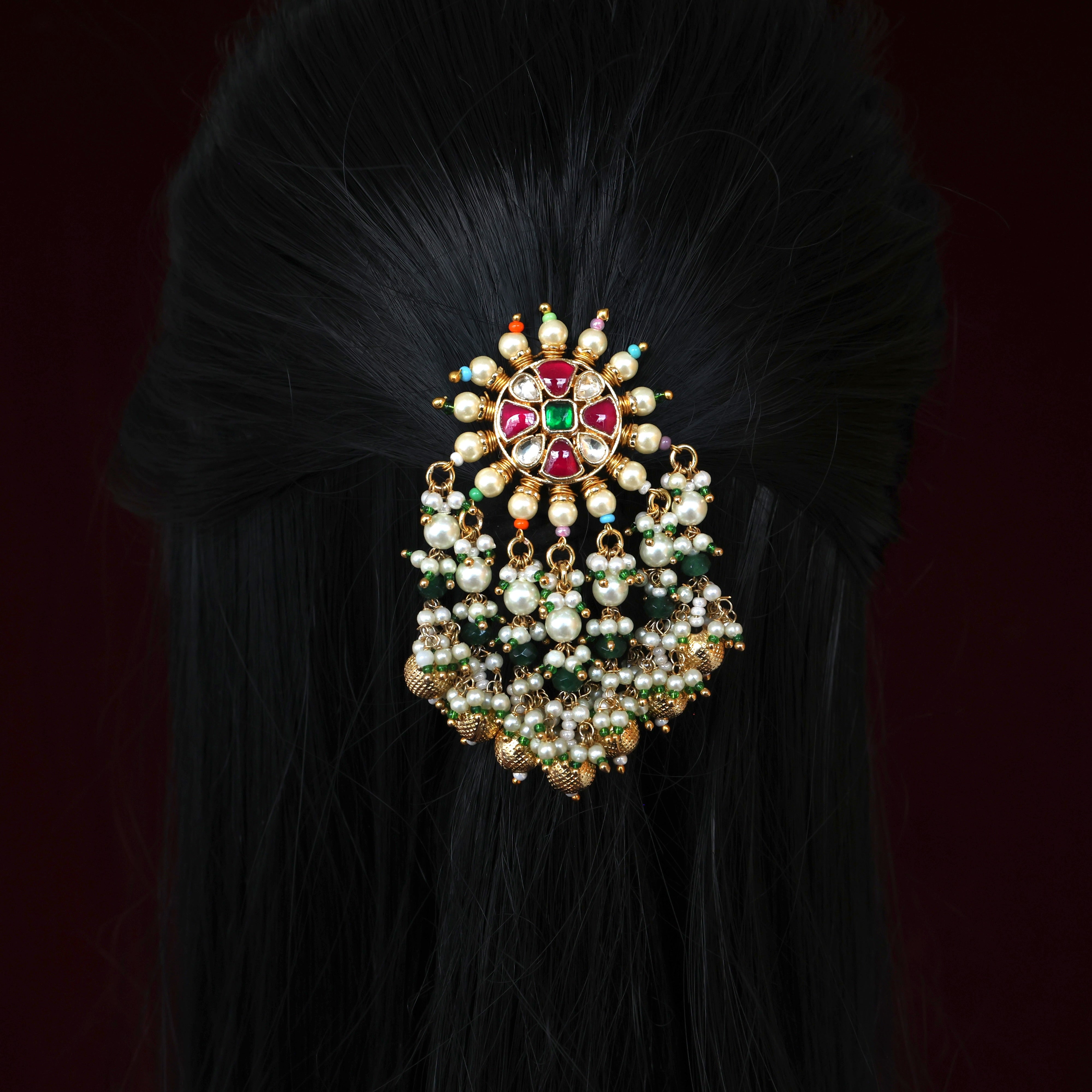 Premium Pachi Kundan Pearl Bunch Tilak Drops Single Piece Bridal Choti