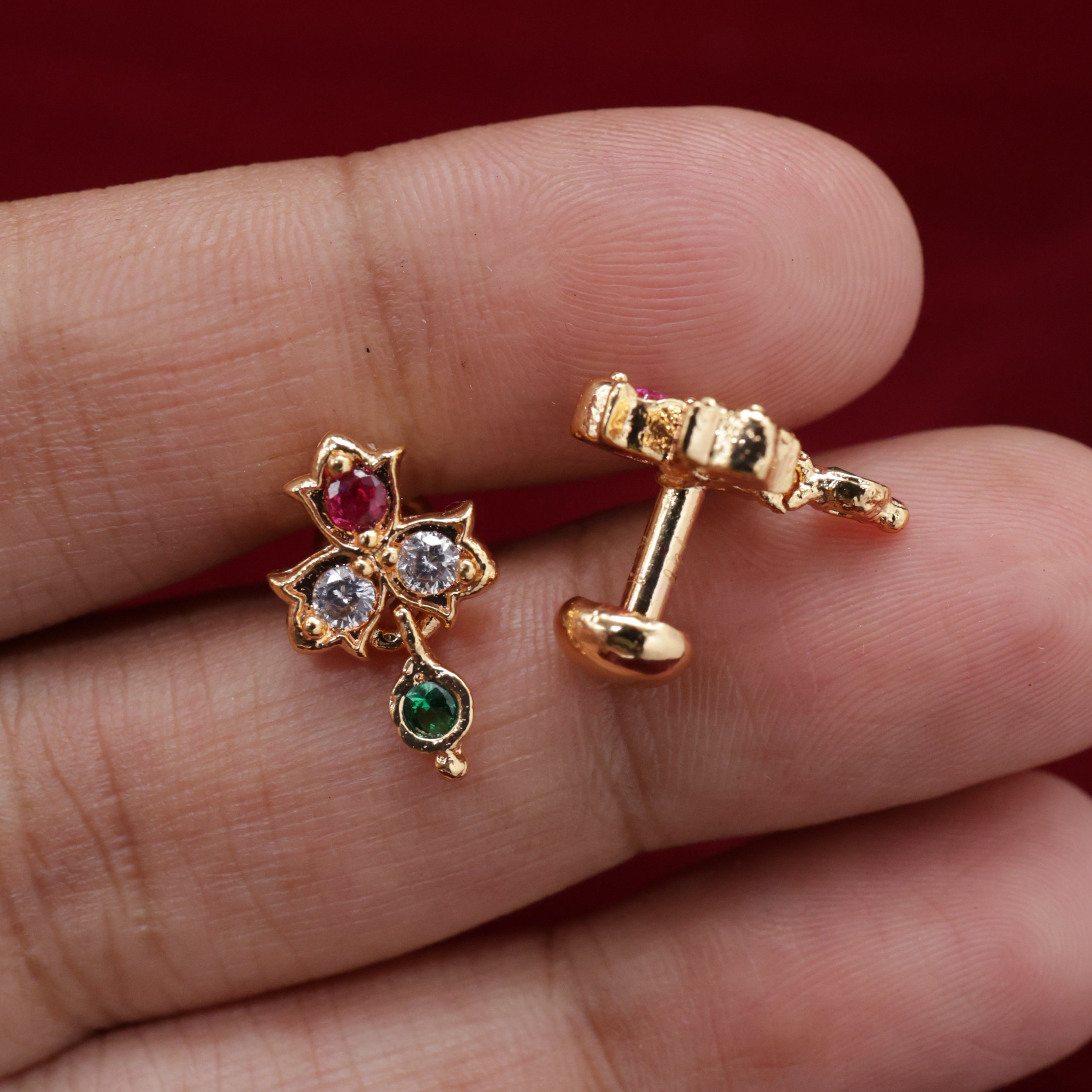 Real Gold Tone Micro Gold Polished 3 Flower Stone Earrings - Multi