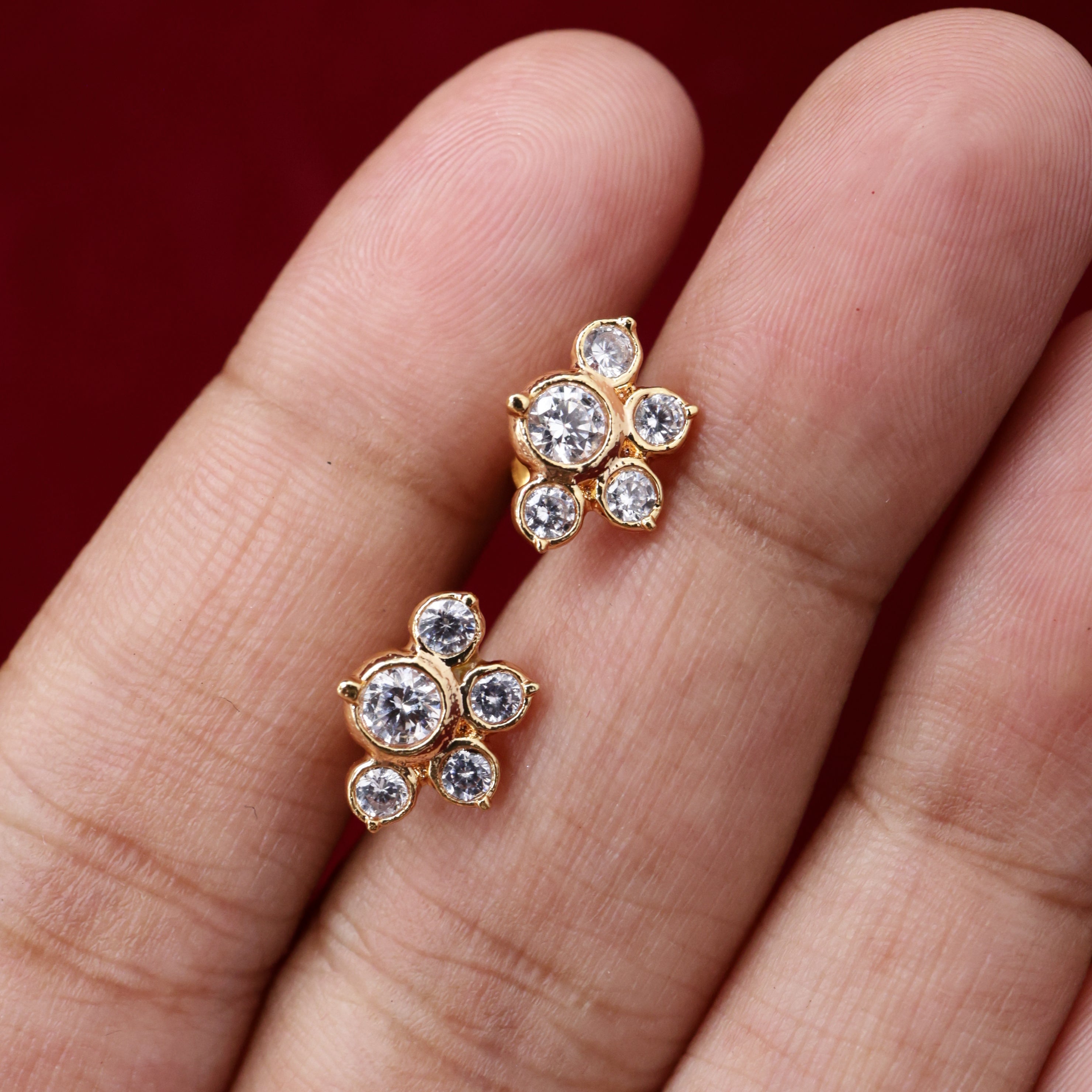 Diamond Look Micro Gold Polished Half Flower Studs Earrings