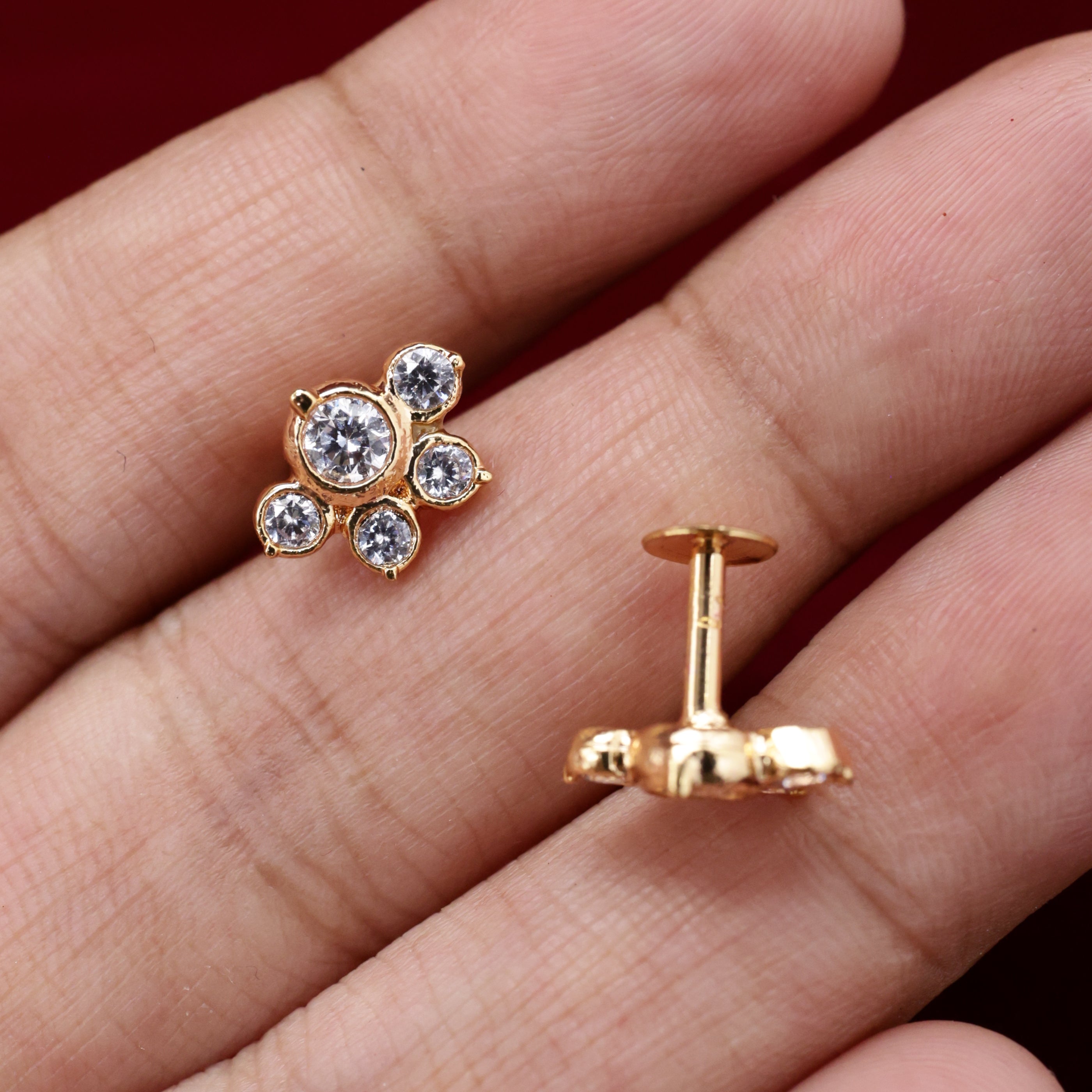 Diamond Look Micro Gold Polished Half Flower Studs Earrings