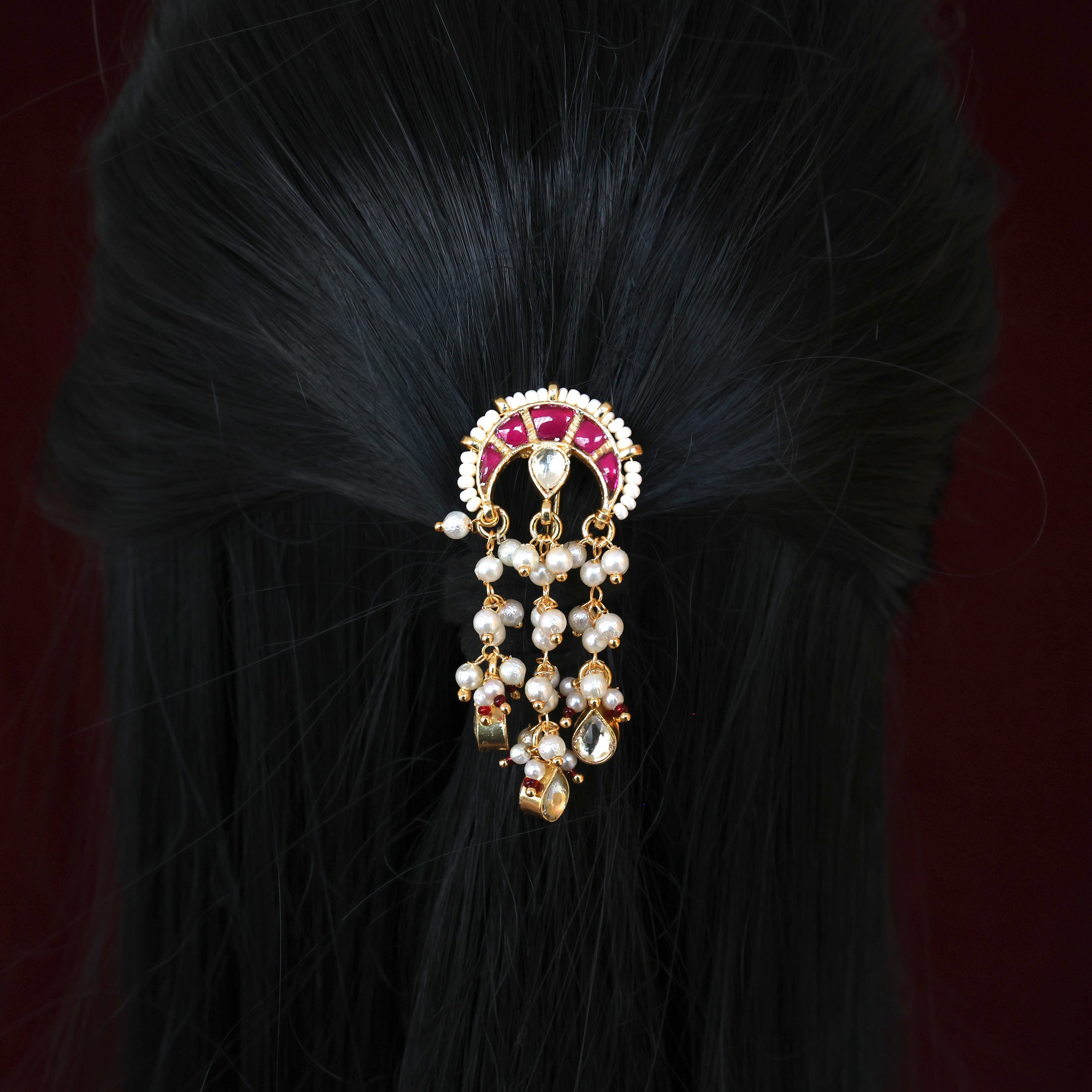 HANDMADE PACHI KUNDAN SINGLE PIECE BRIDAL HAIR CHOTI - CHANDRA PEARL BUNCH DROPS