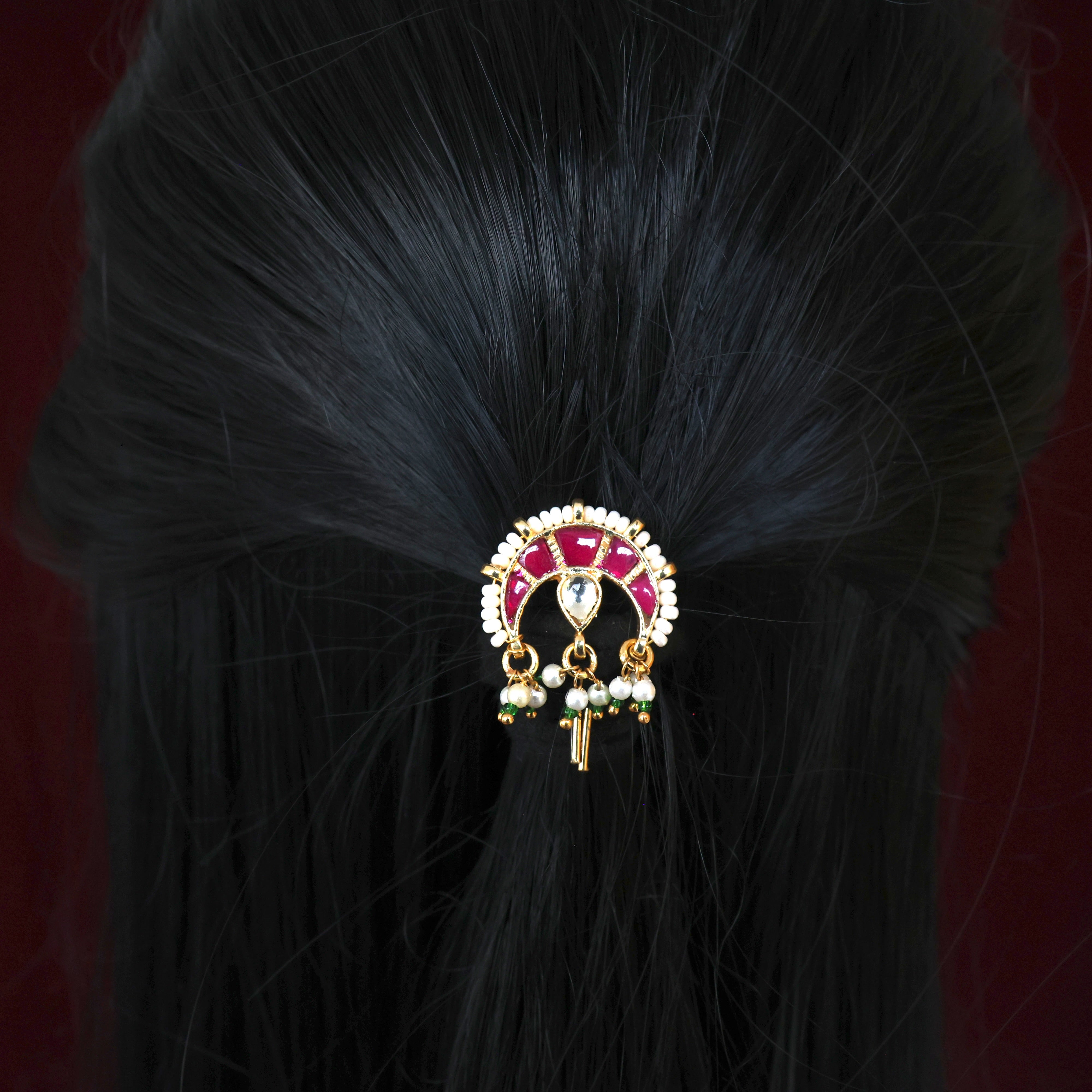 HANDMADE PACHI KUNDAN SINGLE PIECE BRIDAL HAIR CHOTI - CHANDRA