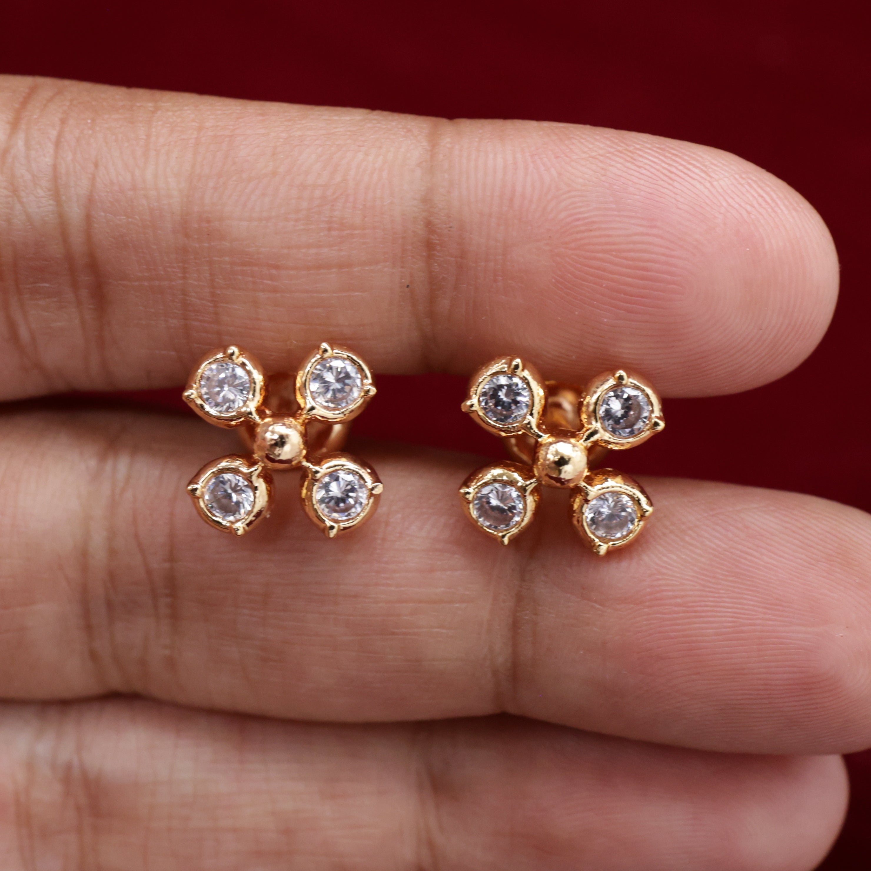 Real Gold Diamond Look 4 Stone Micro Gold Polished Studs Earrings
