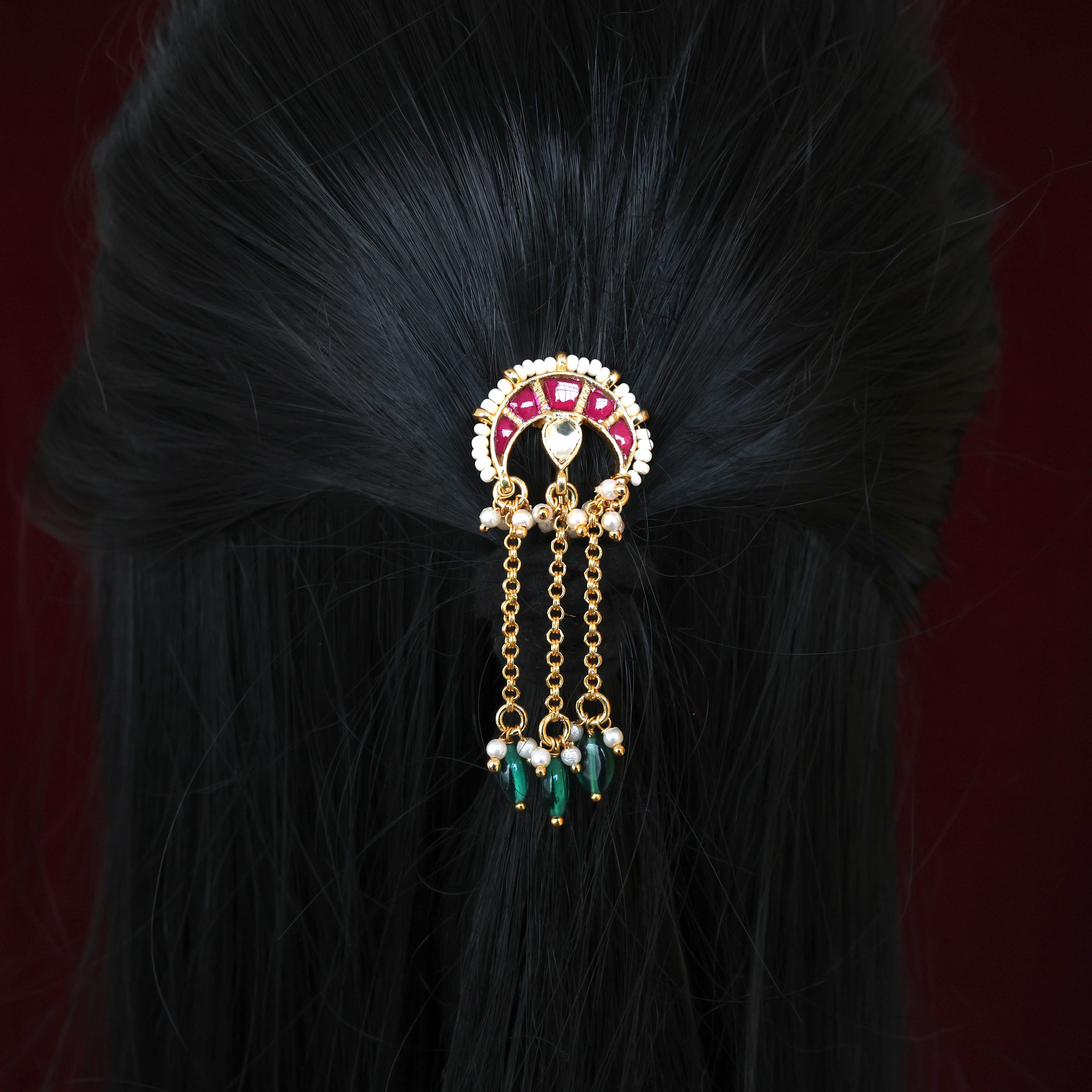 HANDMADE PACHI KUNDAN SINGLE PIECE BRIDAL HAIR CHOTI - CHAAND 3 LINE DROPS