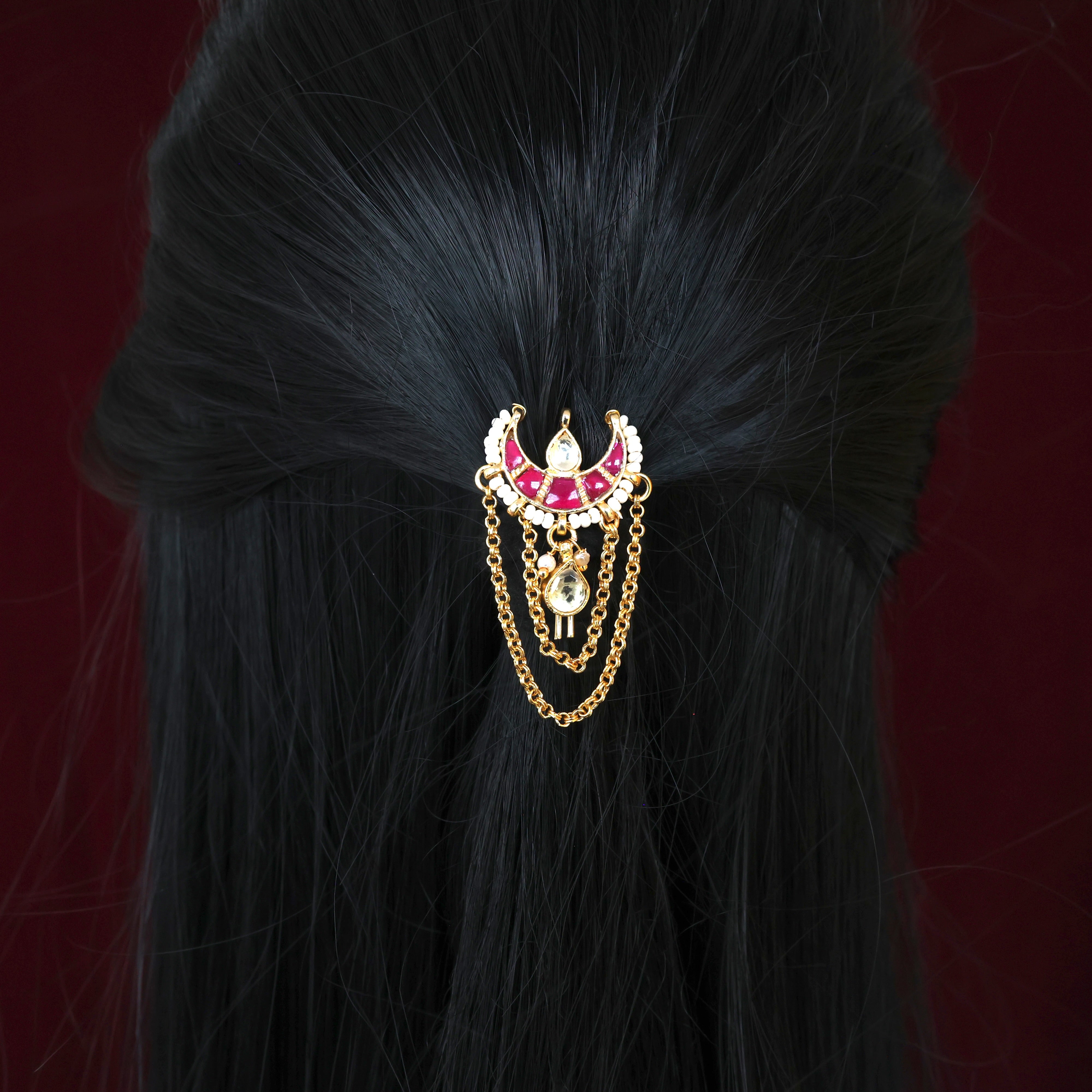 HANDMADE PACHI KUNDAN SINGLE PIECE BRIDAL HAIR CHOTI - CHAAND DOUBLE LAYER DROPS