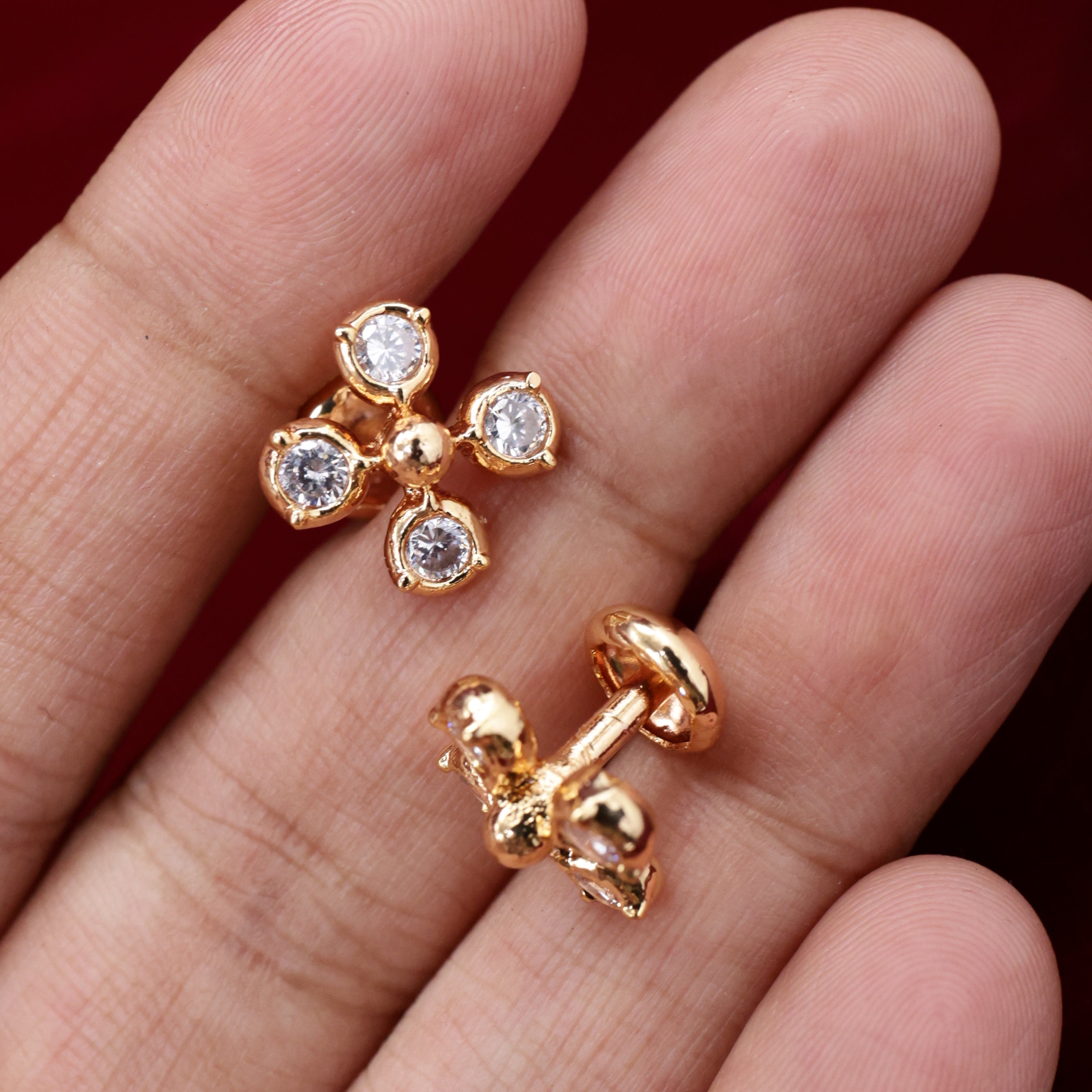 Real Gold Diamond Look 4 Stone Micro Gold Polished Studs Earrings