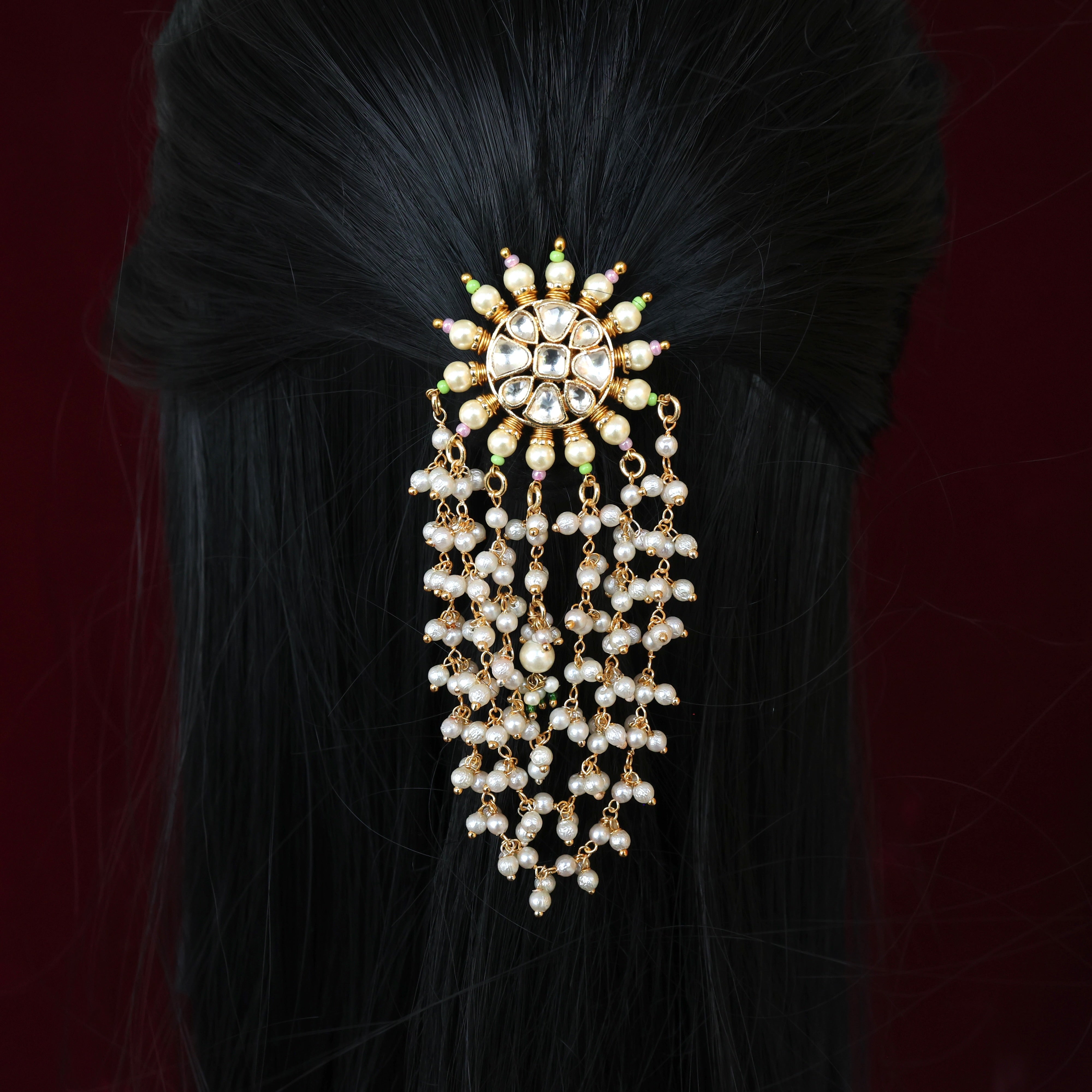 HANDMADE PACHI KUNDAN SINGLE PIECE BRIDAL HAIR CHOTI - THEEN LADA HANGINGS