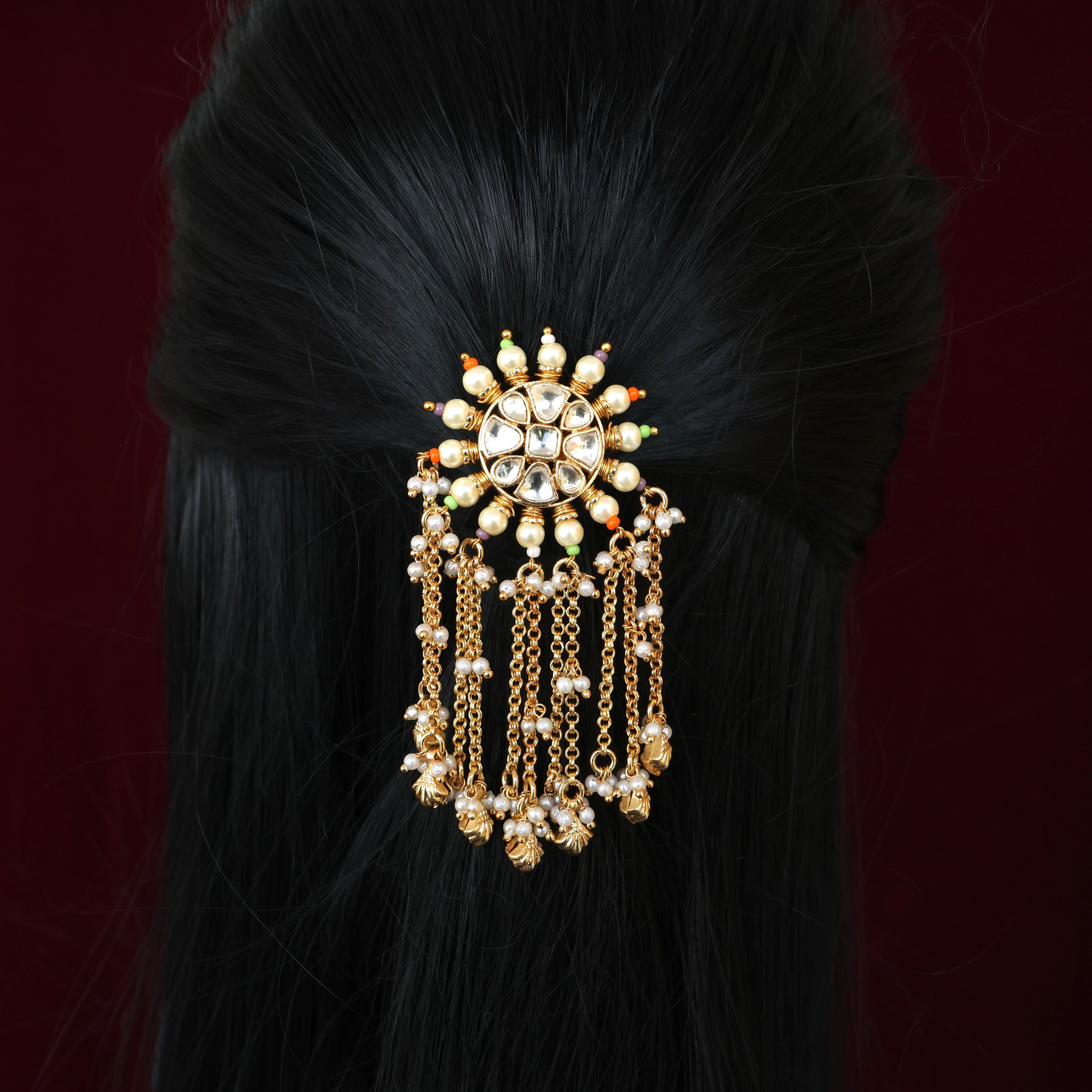 HANDMADE PACHI KUNDAN SINGLE PIECE BRIDAL HAIR CHOTI - GOLDEN PEARL DROPS