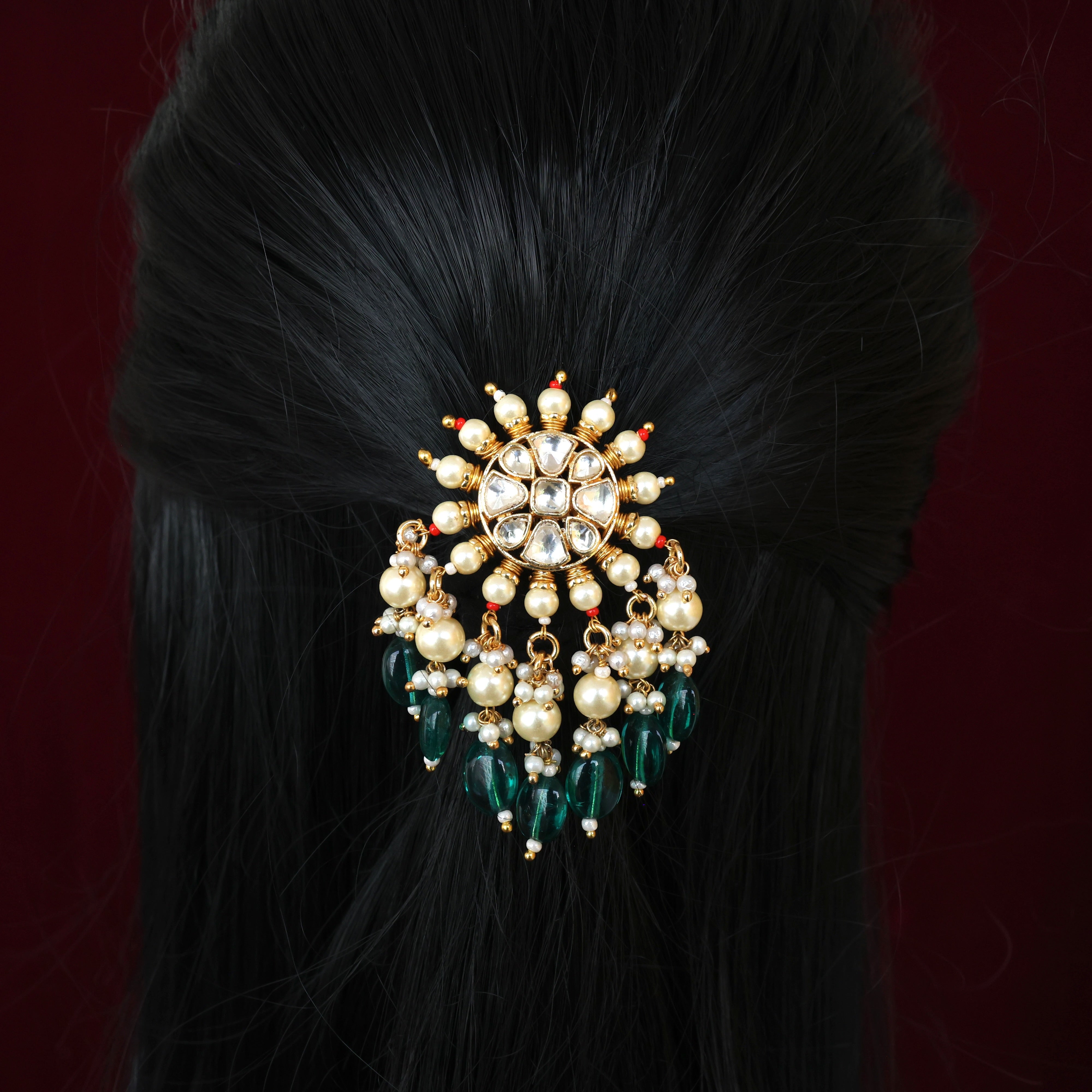 HANDMADE PACHI KUNDAN SINGLE PIECE BRIDAL HAIR CHOTI - PEARL BEAD DROPS