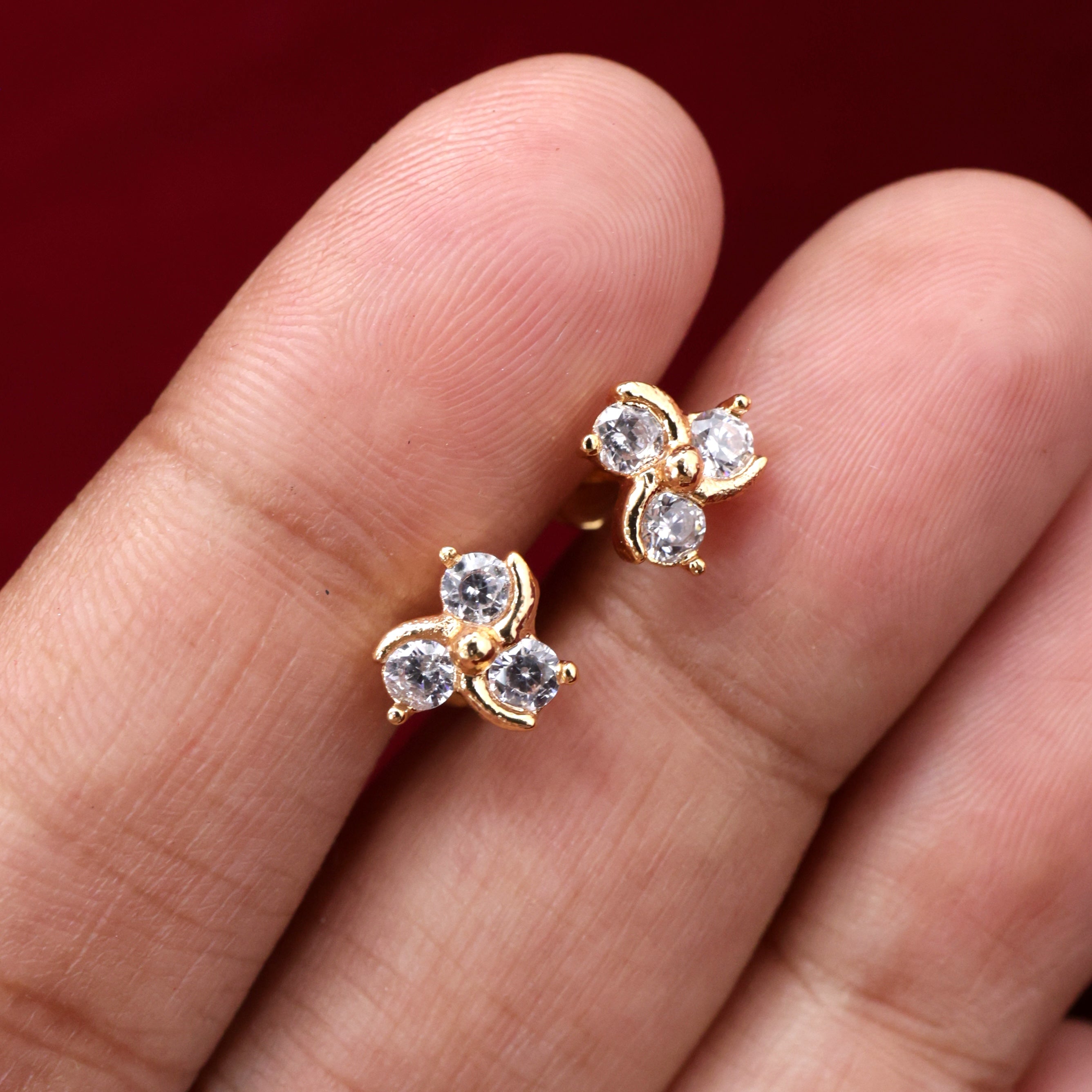 Diamond Look Micro Gold Polished 3 Stone Kids/Baby Studs Earrings