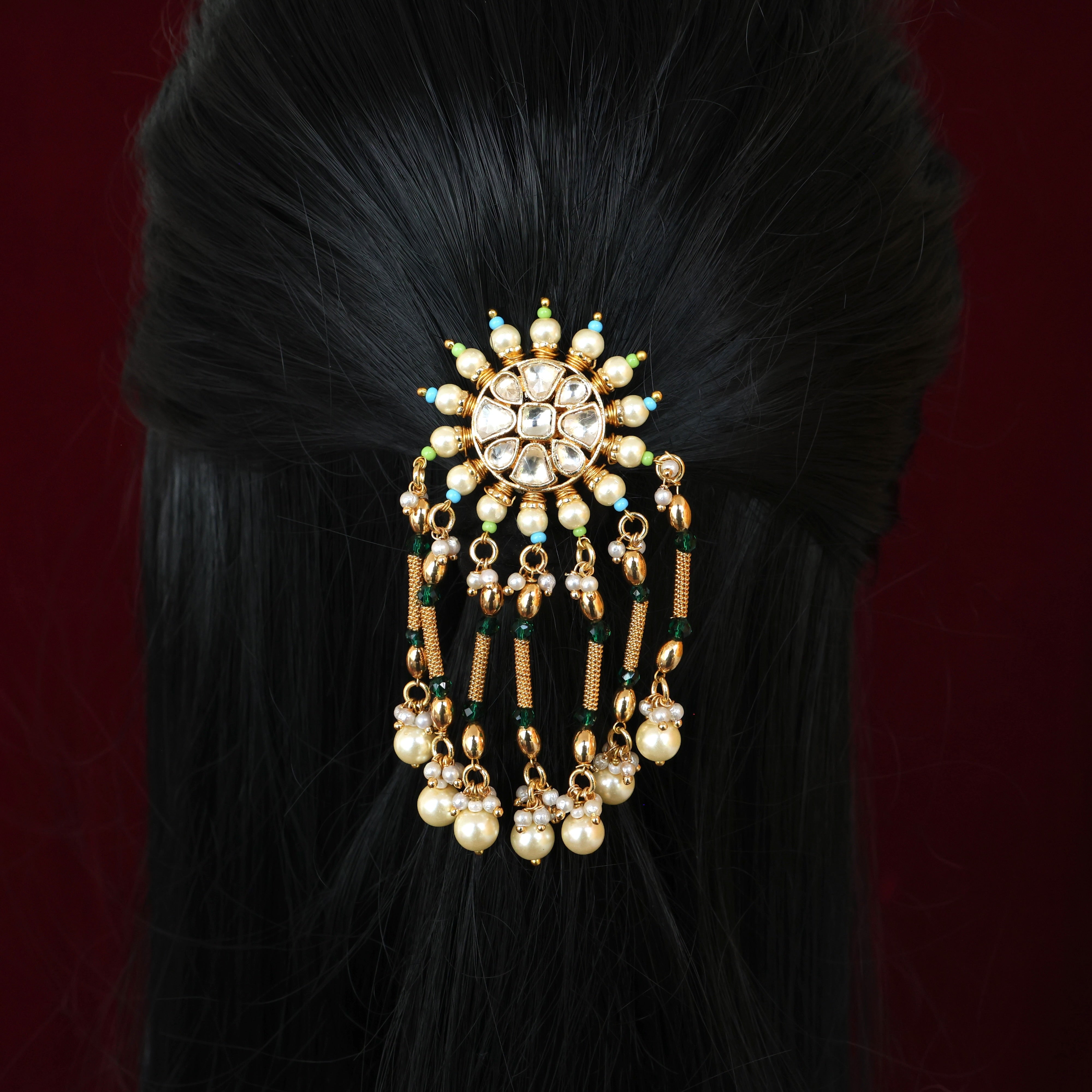 HANDMADE PACHI KUNDAN SINGLE PIECE BRIDAL HAIR CHOTI - FLOWER PEARL BAR HANGINGS