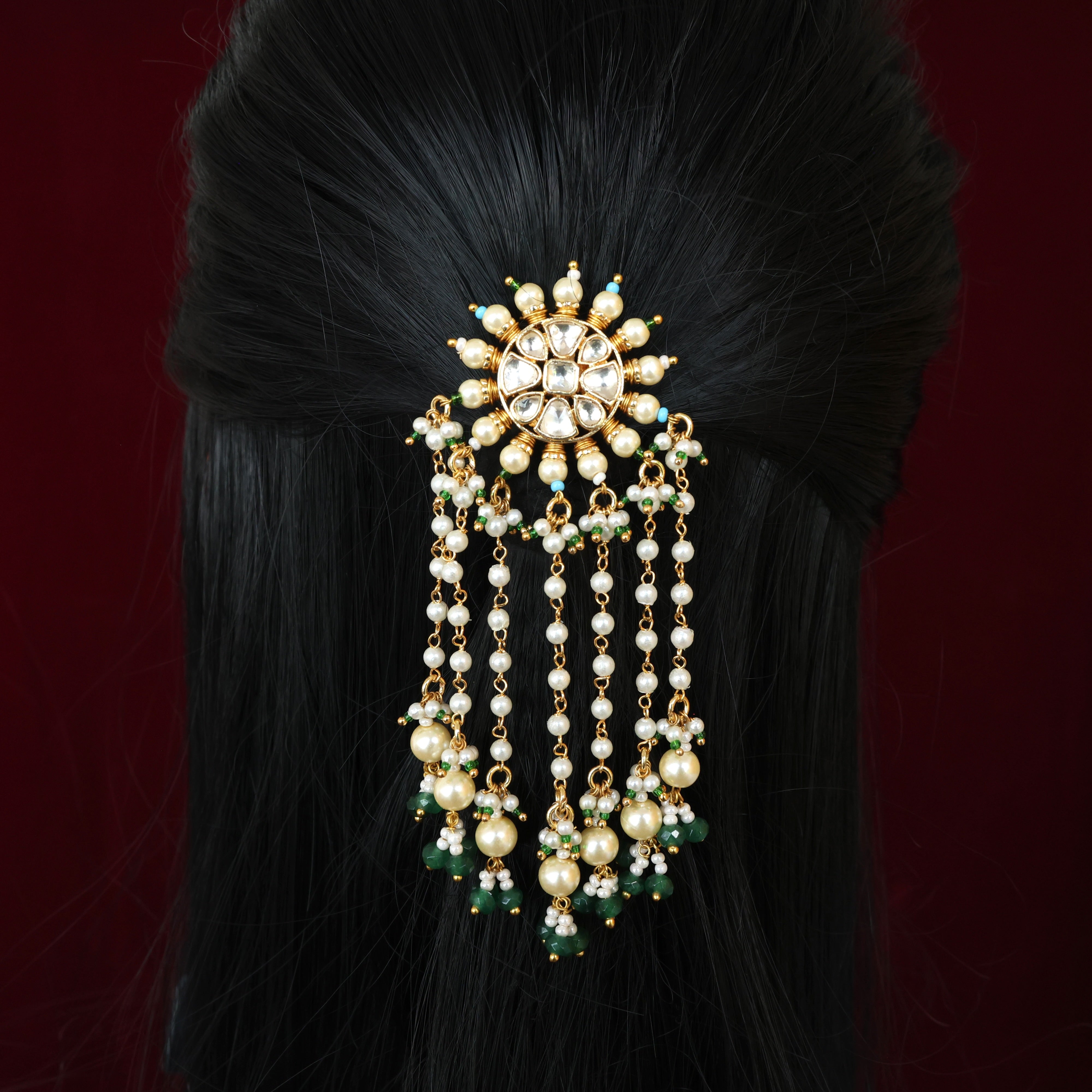 HANDMADE PACHI KUNDAN SINGLE PIECE BRIDAL HAIR CHOTI - FLOWER HANGINGS