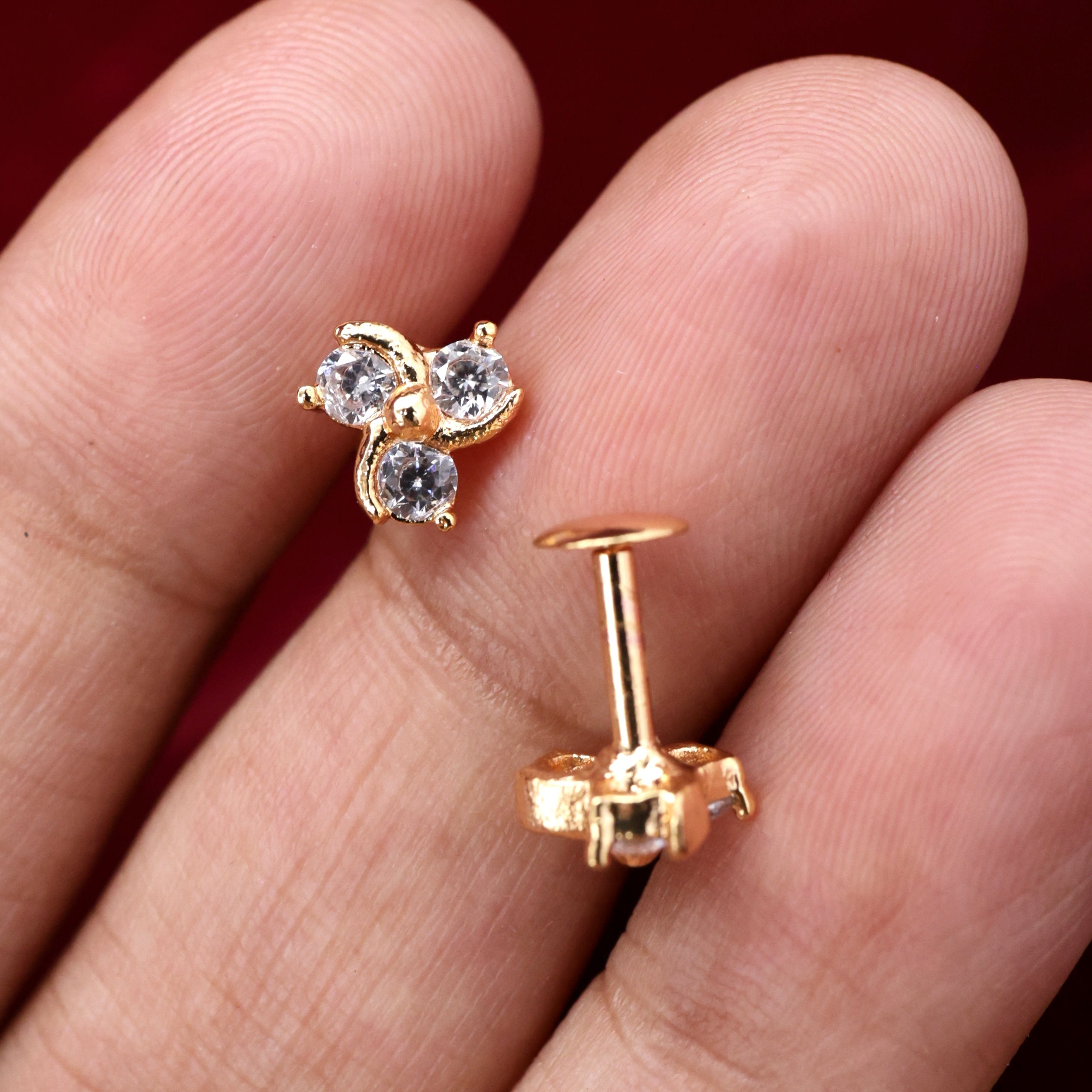 Diamond Look Micro Gold Polished 3 Stone Kids/Baby Studs Earrings