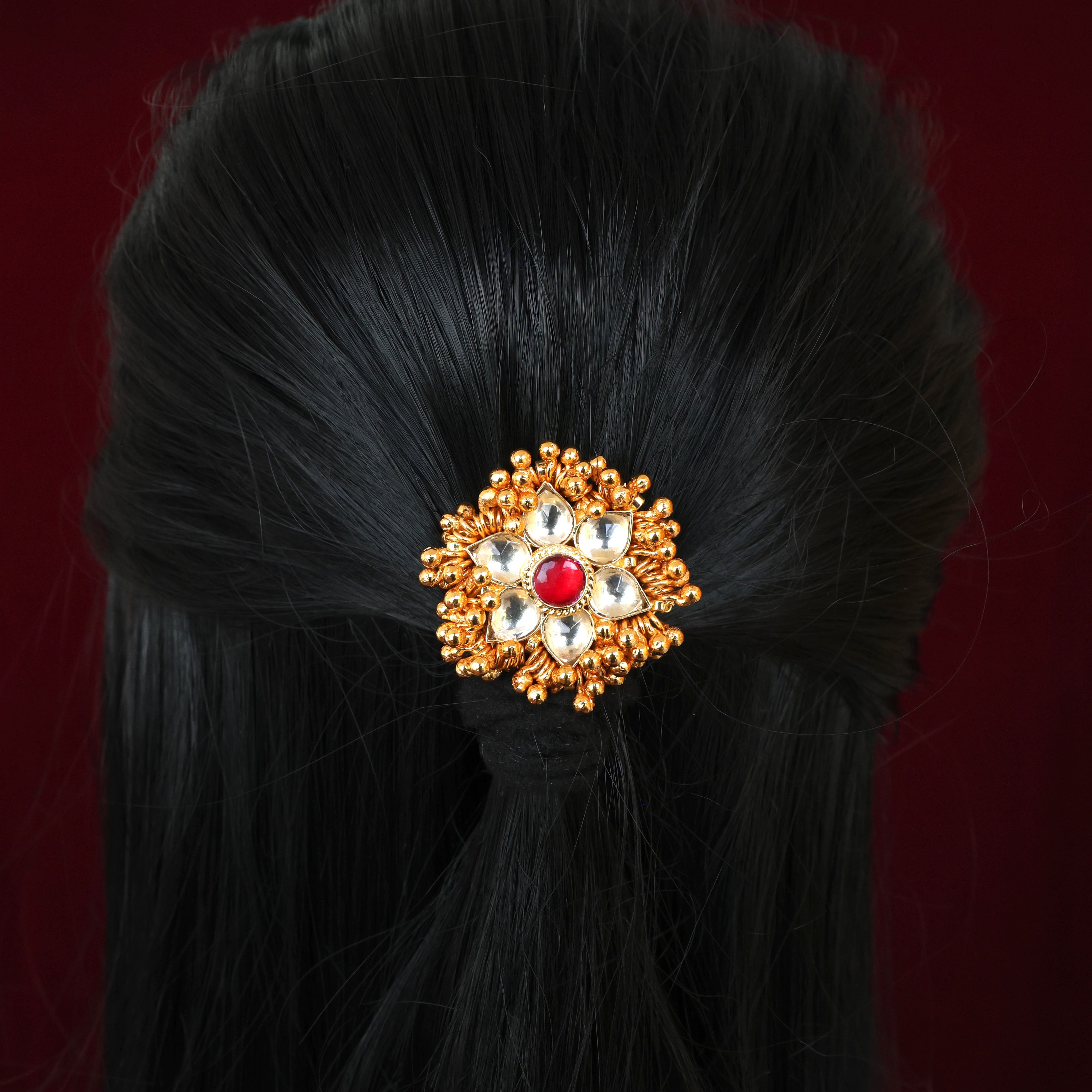 HANDMADE PACHI KUNDAN SINGLE PIECE BRIDAL HAIR CHOTI - GOLD BUNCH FLOWER