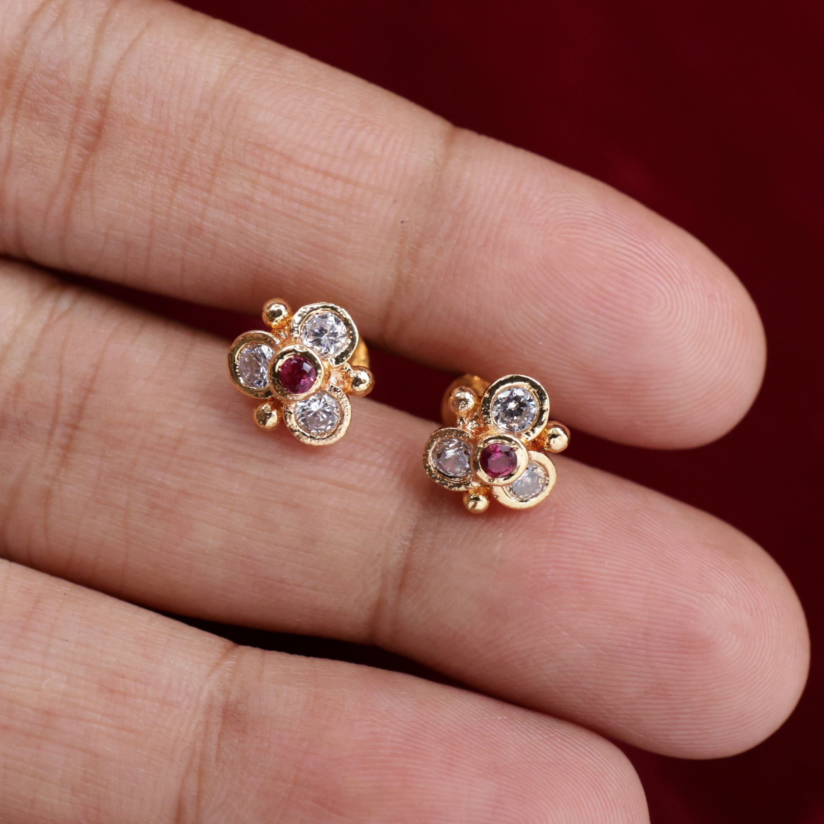Small 4 Stone Petal Micro Gold Polished Studs Earrings - White & Ruby