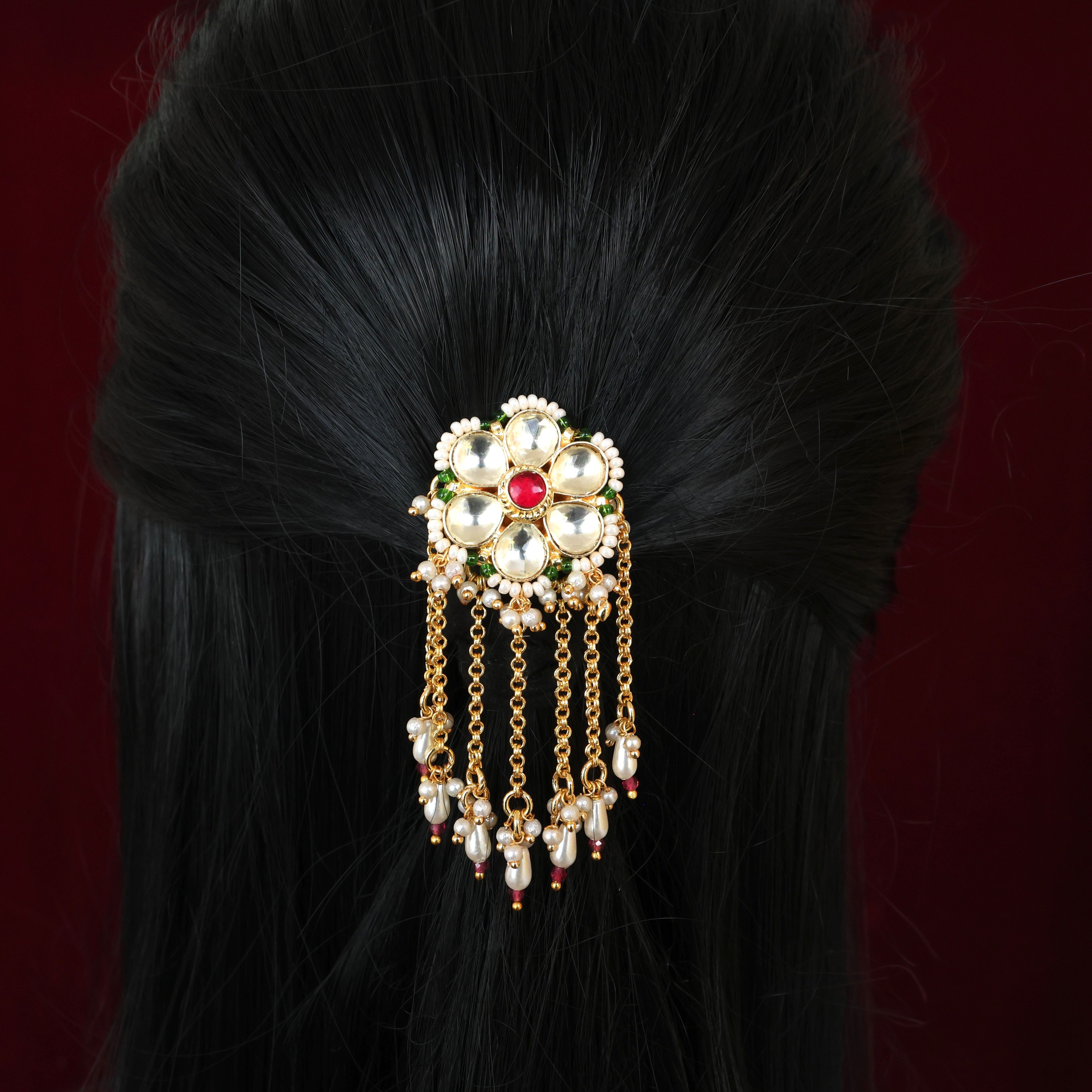 HANDMADE PACHI KUNDAN SINGLE PIECE BRIDAL HAIR CHOTI - FLOWER RICE PEARL DROPS