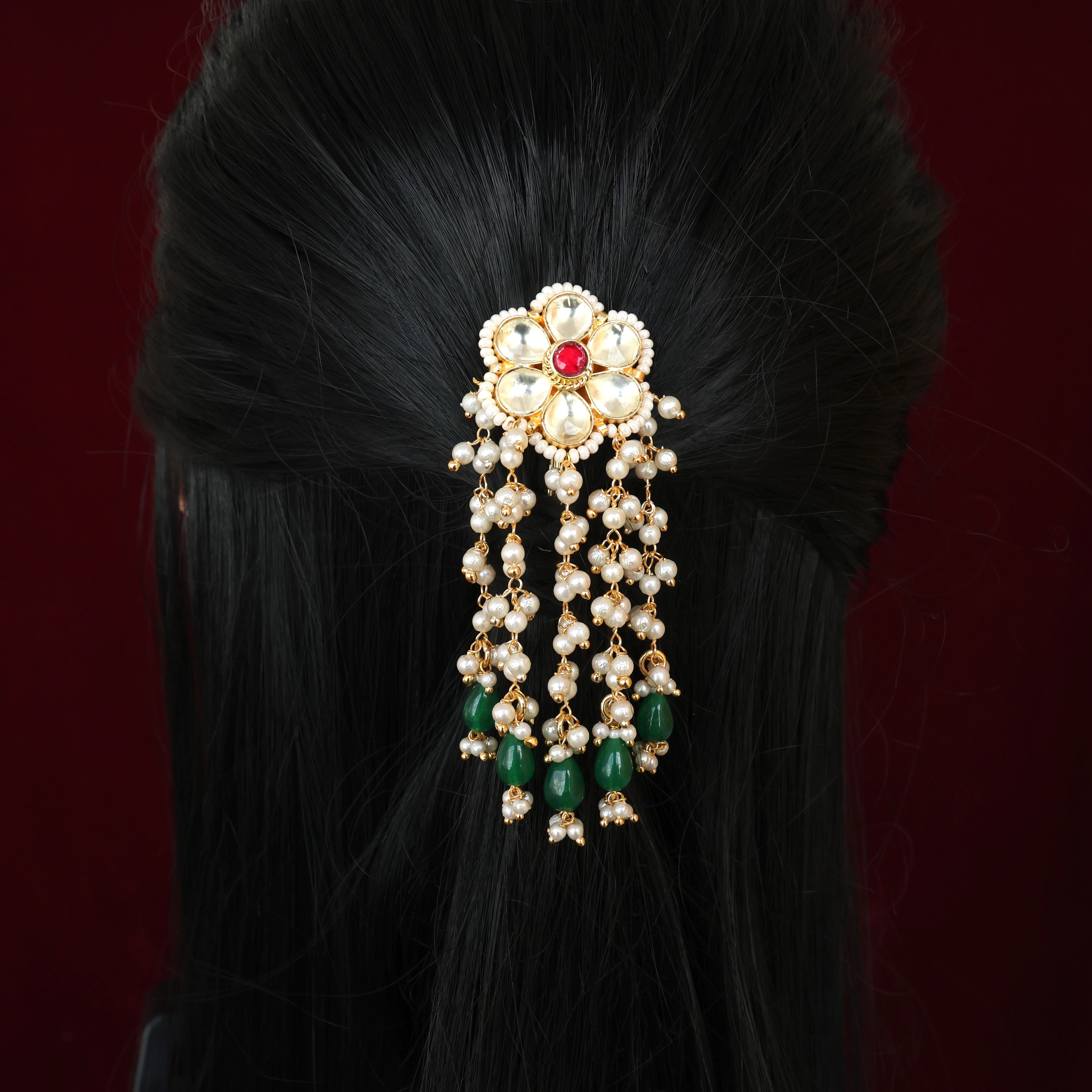 HANDMADE PACHI KUNDAN SINGLE PIECE BRIDAL HAIR CHOTI - FLOWER PEARL RAIN