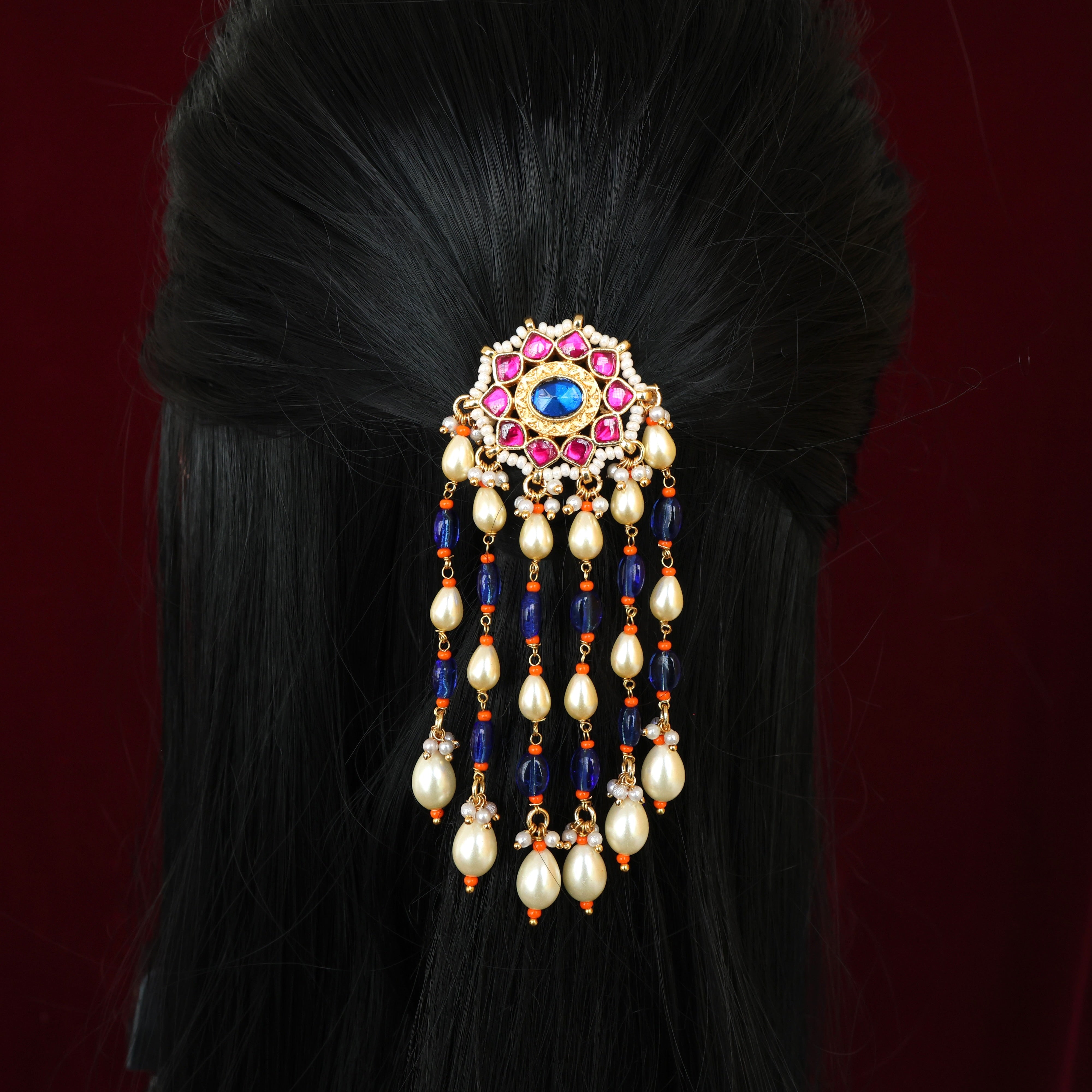 HANDMADE PACHI KUNDAN SINGLE PIECE BRIDAL HAIR CHOTI - STAR CHAKRA BEAD DROPS (RUBY & BLUE)