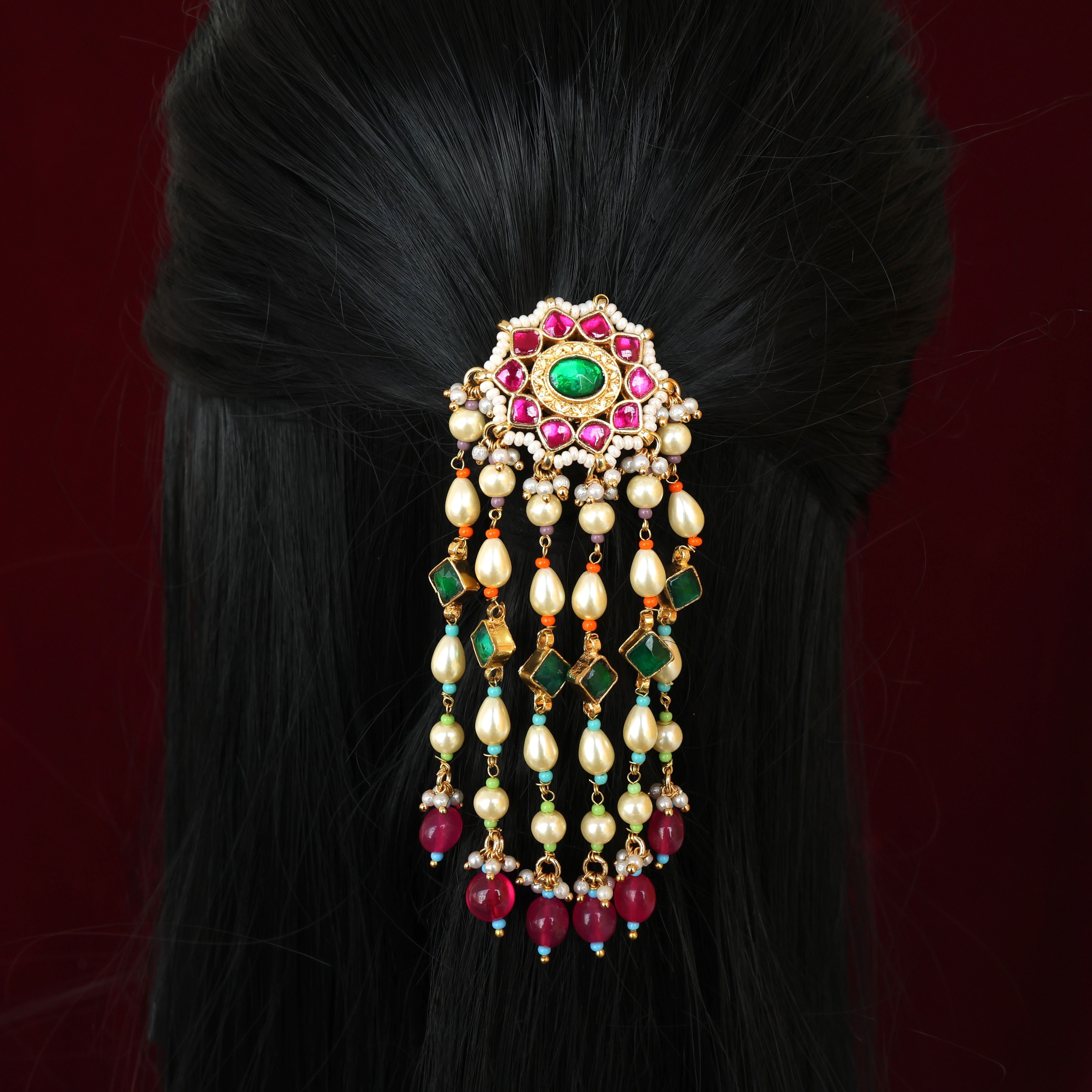 HANDMADE PACHI KUNDAN SINGLE PIECE BRIDAL HAIR CHOTI - STAR CHAKRA TILAK PEARL DROPS (RUBY & GREEN)
