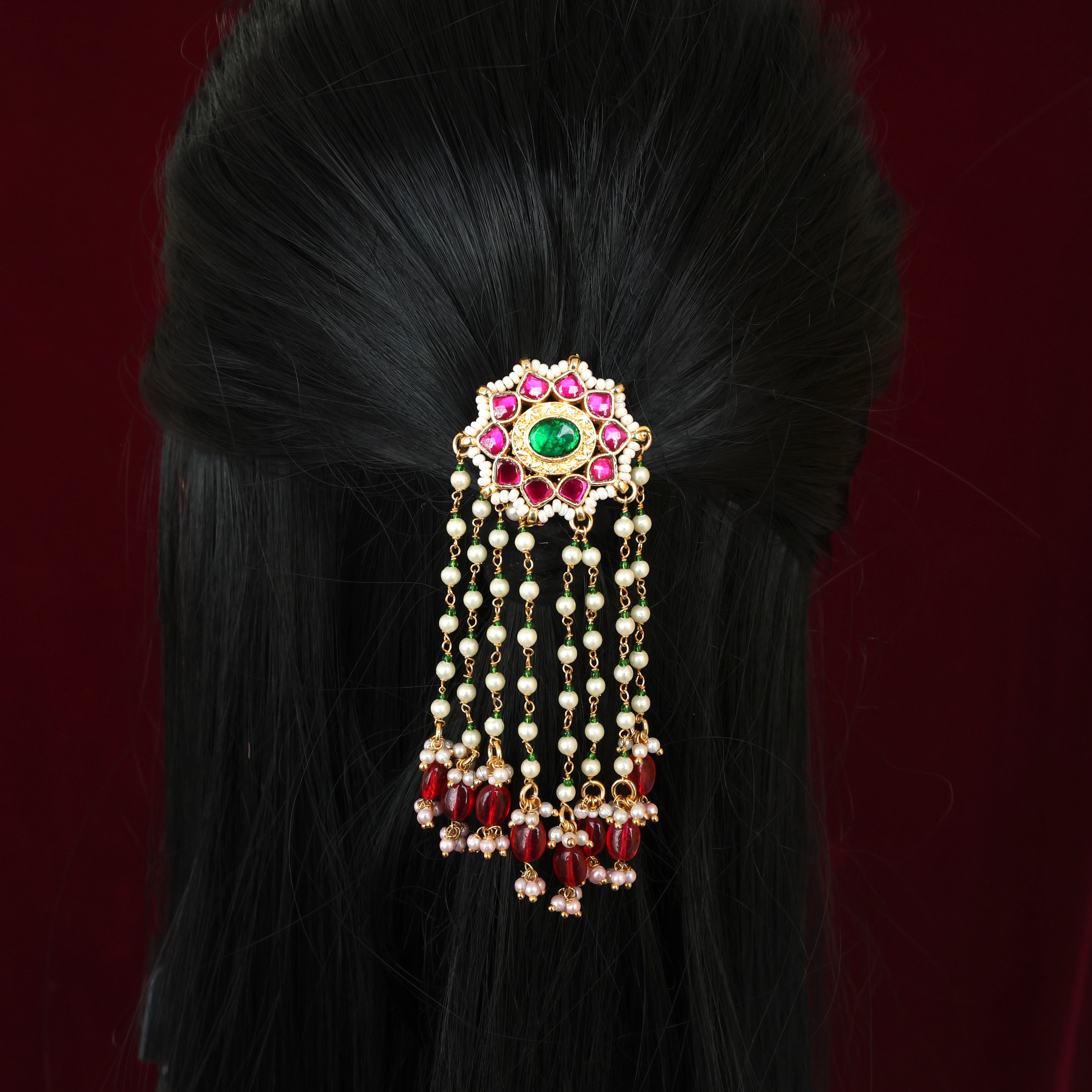 HANDMADE PACHI KUNDAN SINGLE PIECE BRIDAL HAIR CHOTI - STAR CHAKRA BEAD PEARL HANGINGS (RUBY & GREEN)