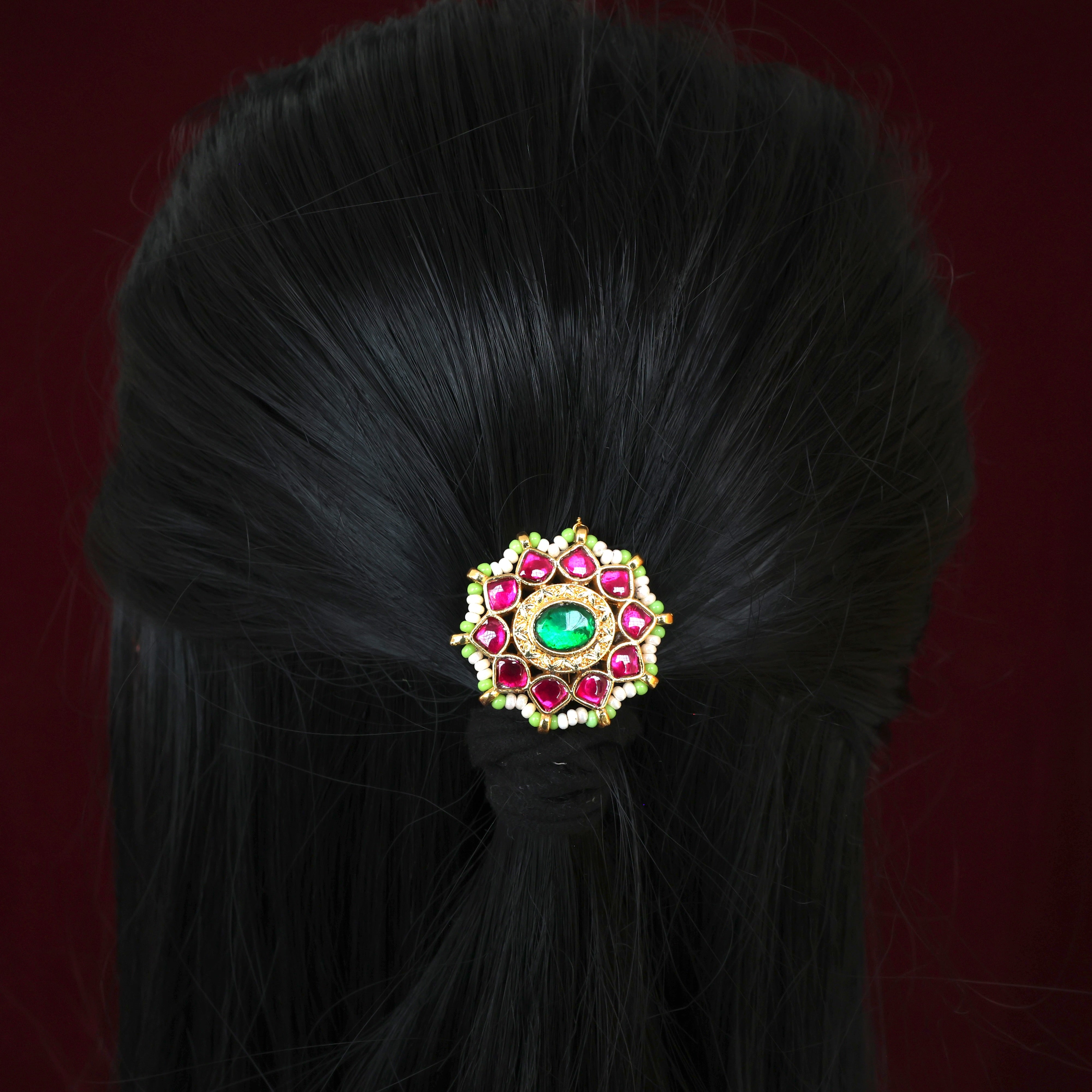 Handmade Pachi Kundan Single Piece Bridal Hair Choti - Star Chakra (Ruby & Green)