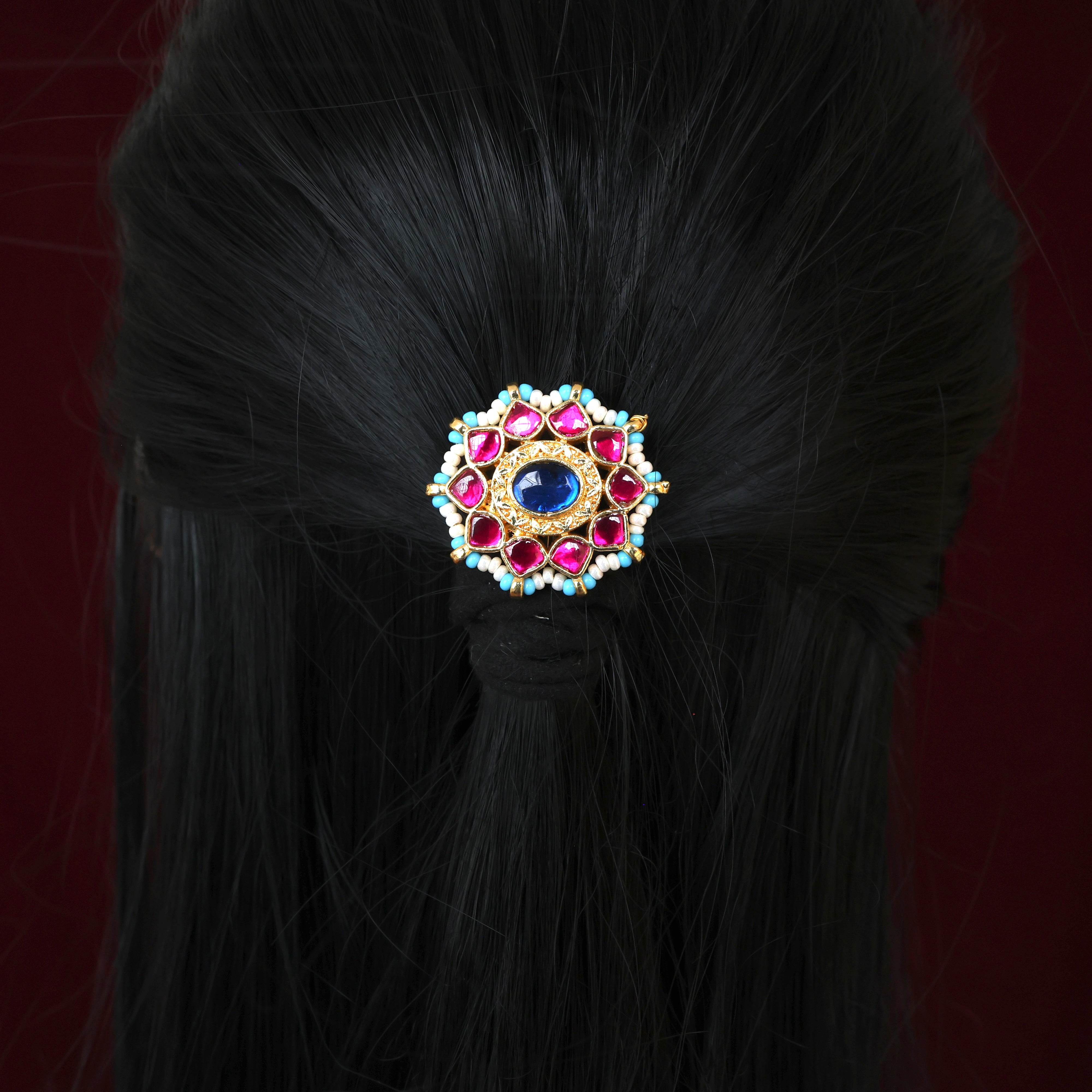 Handmade Pachi Kundan Single Piece Bridal Hair Choti - Star Chakra (Ruby & Blue)