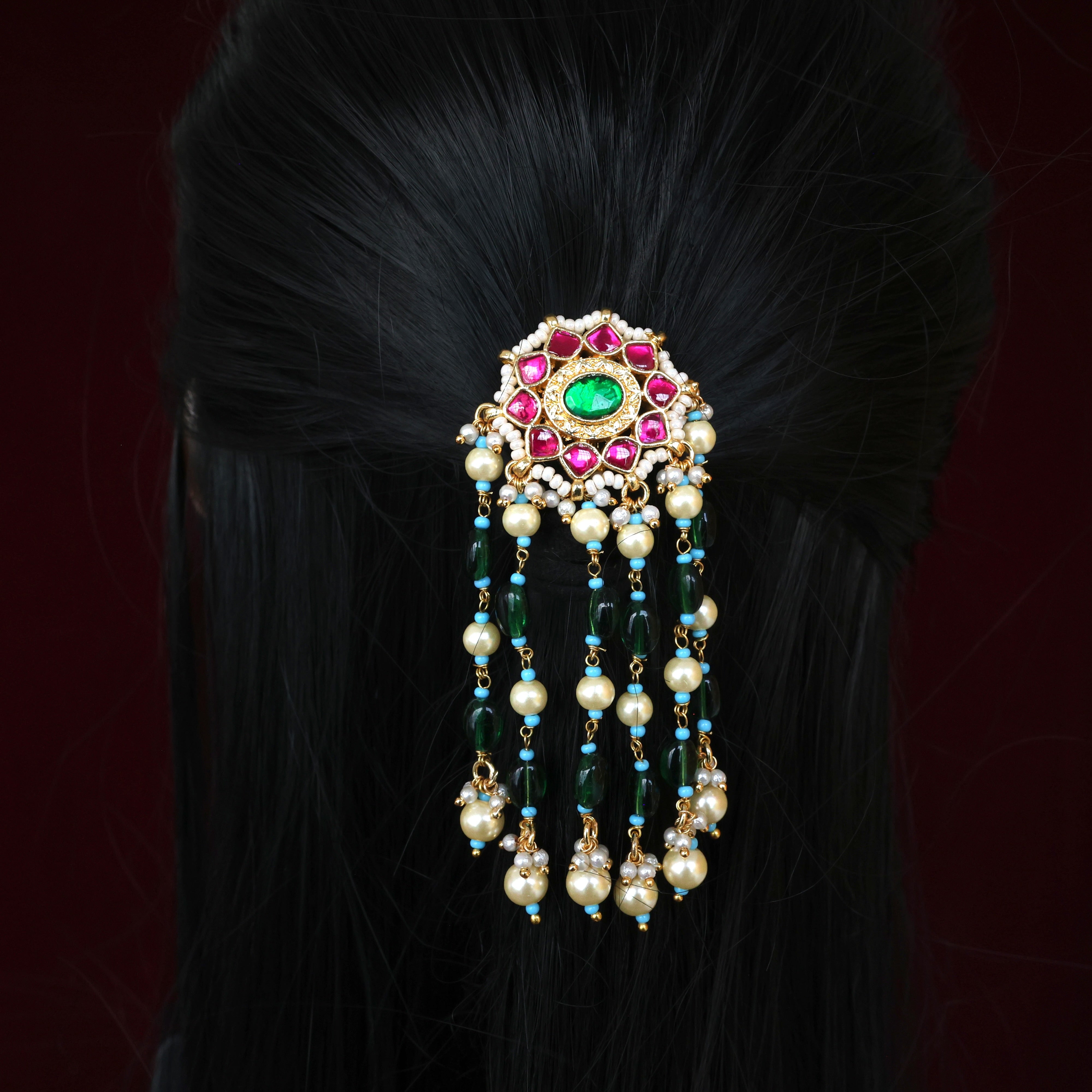 Handmade Pachi Kundan Single Piece Bridal Hair Choti - Star Chakra Crystal Pearl Hangings (Ruby & Green)