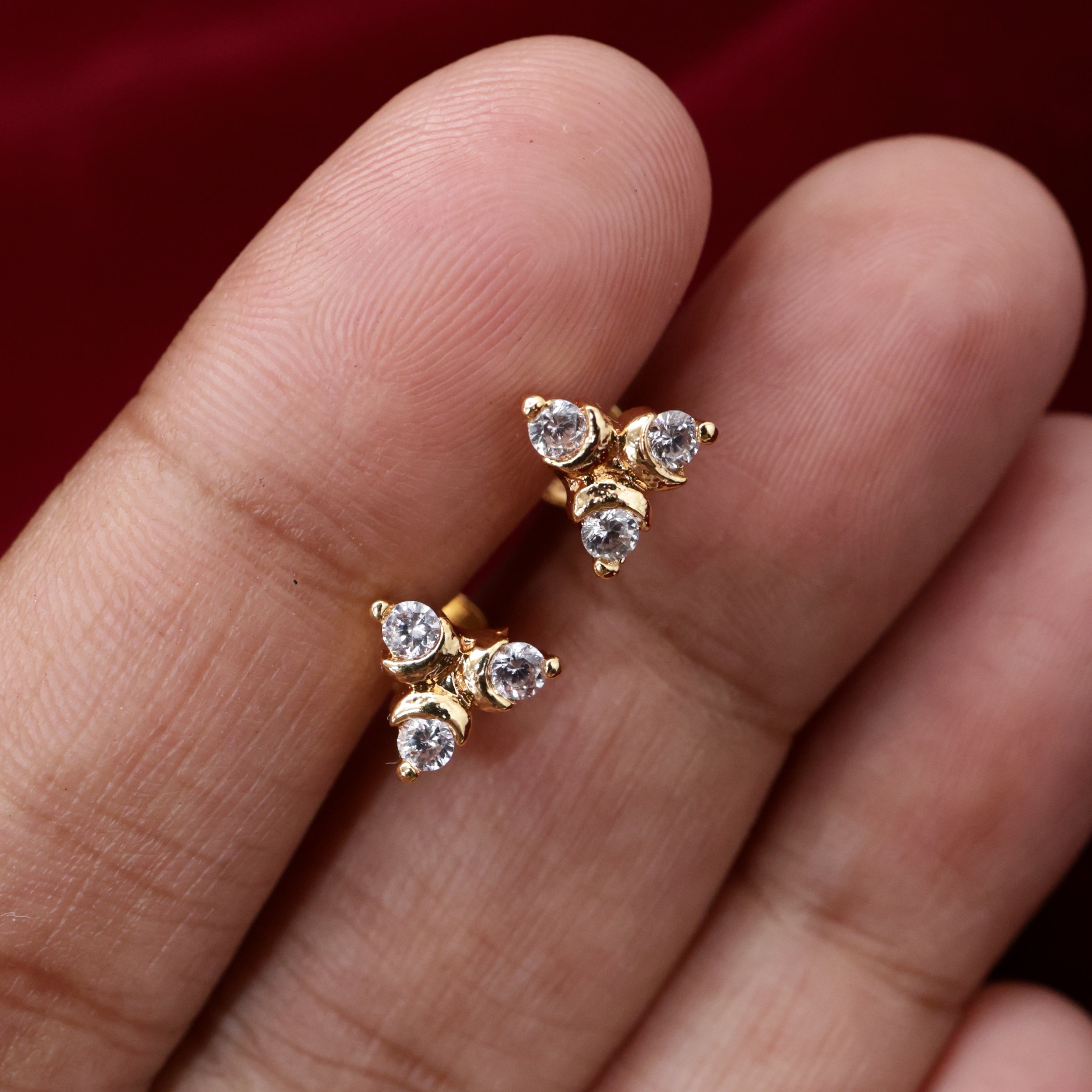 Diamond Look 3 Stone Micro Gold Polished Kids/Baby Studs/Earrings