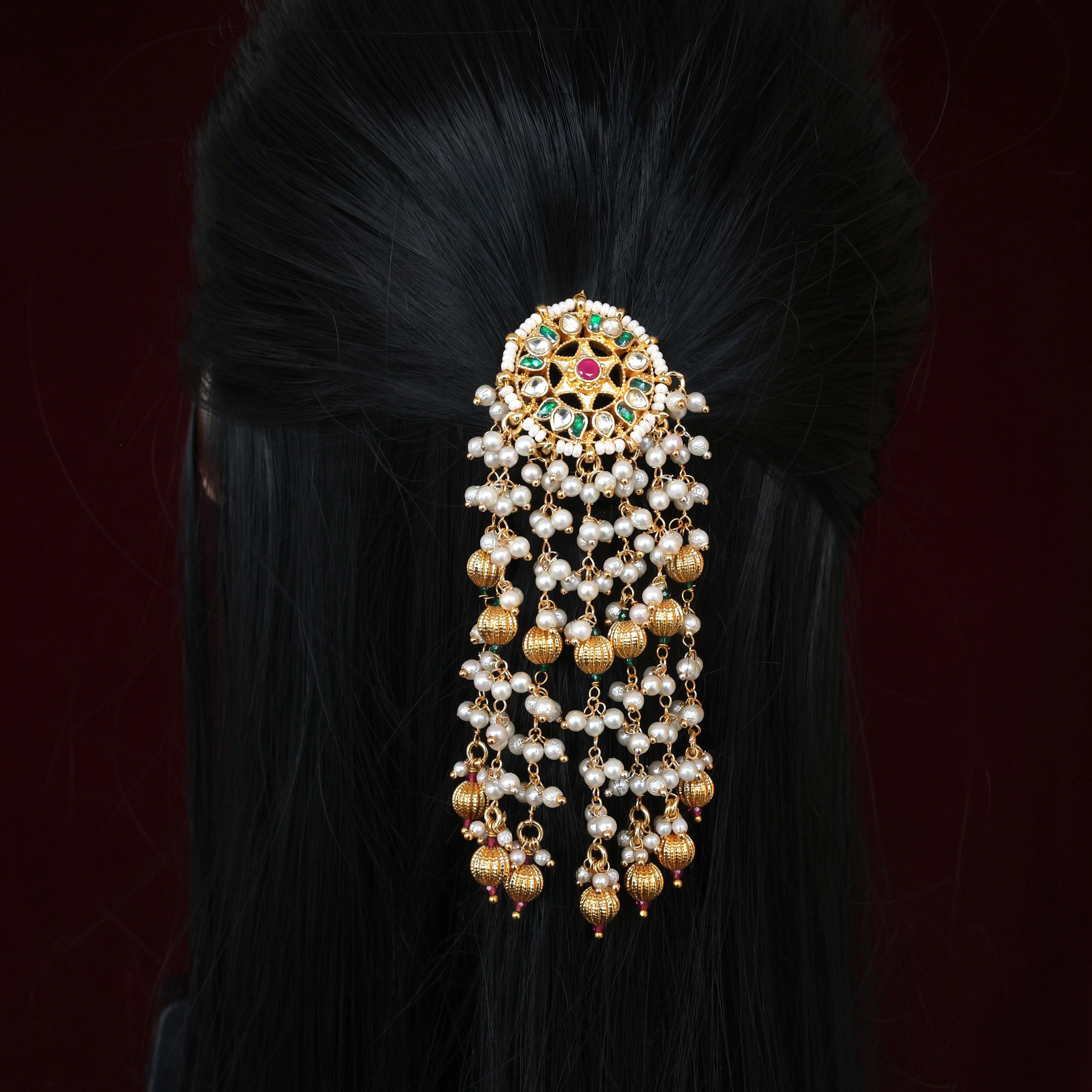 Handmade Pachi Kundan Single Piece Bridal Hair Choti - Star Lotus Double Pearl Hangings (Green & White)