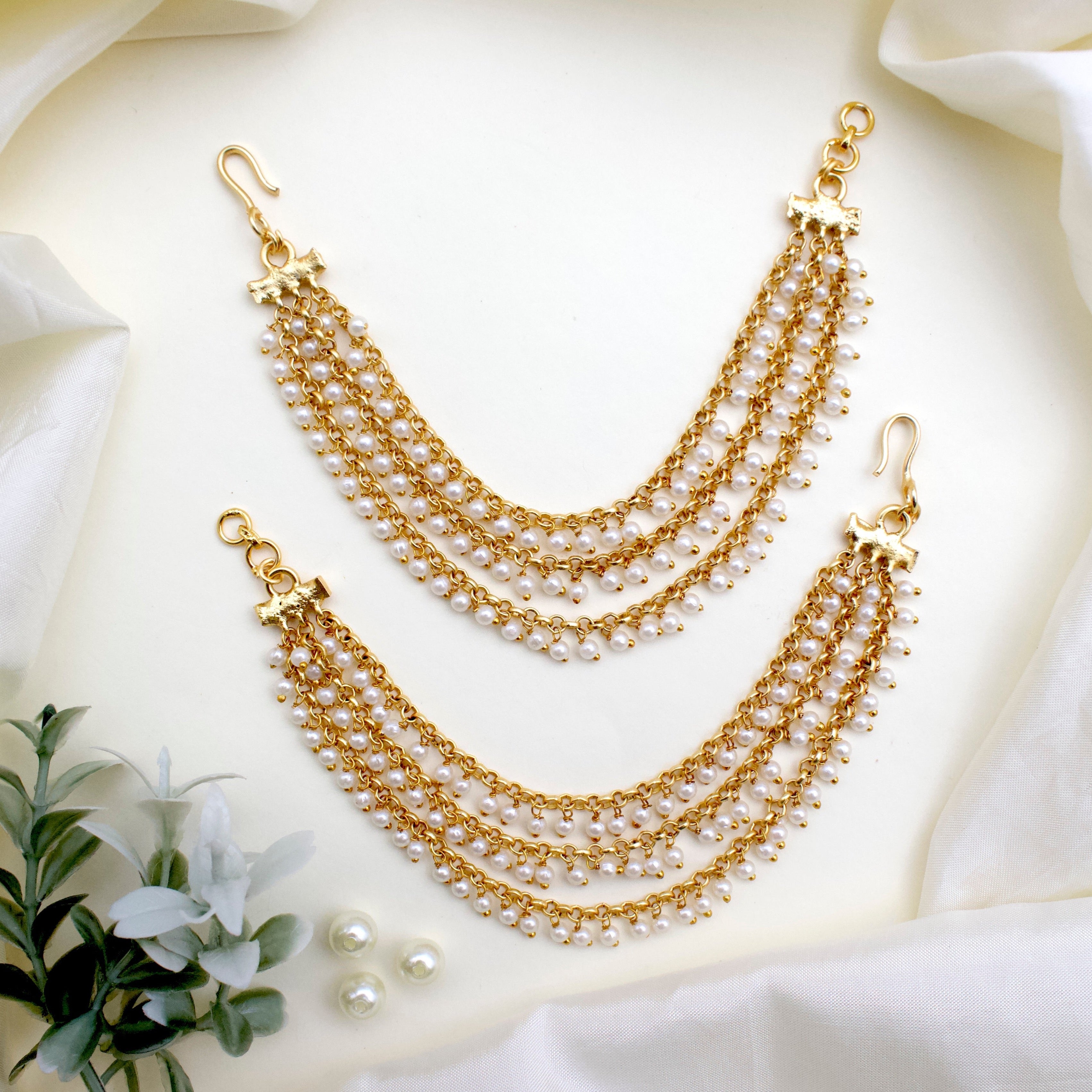 3 Line Pearl Bridal Ear Chain / Kaan Chain