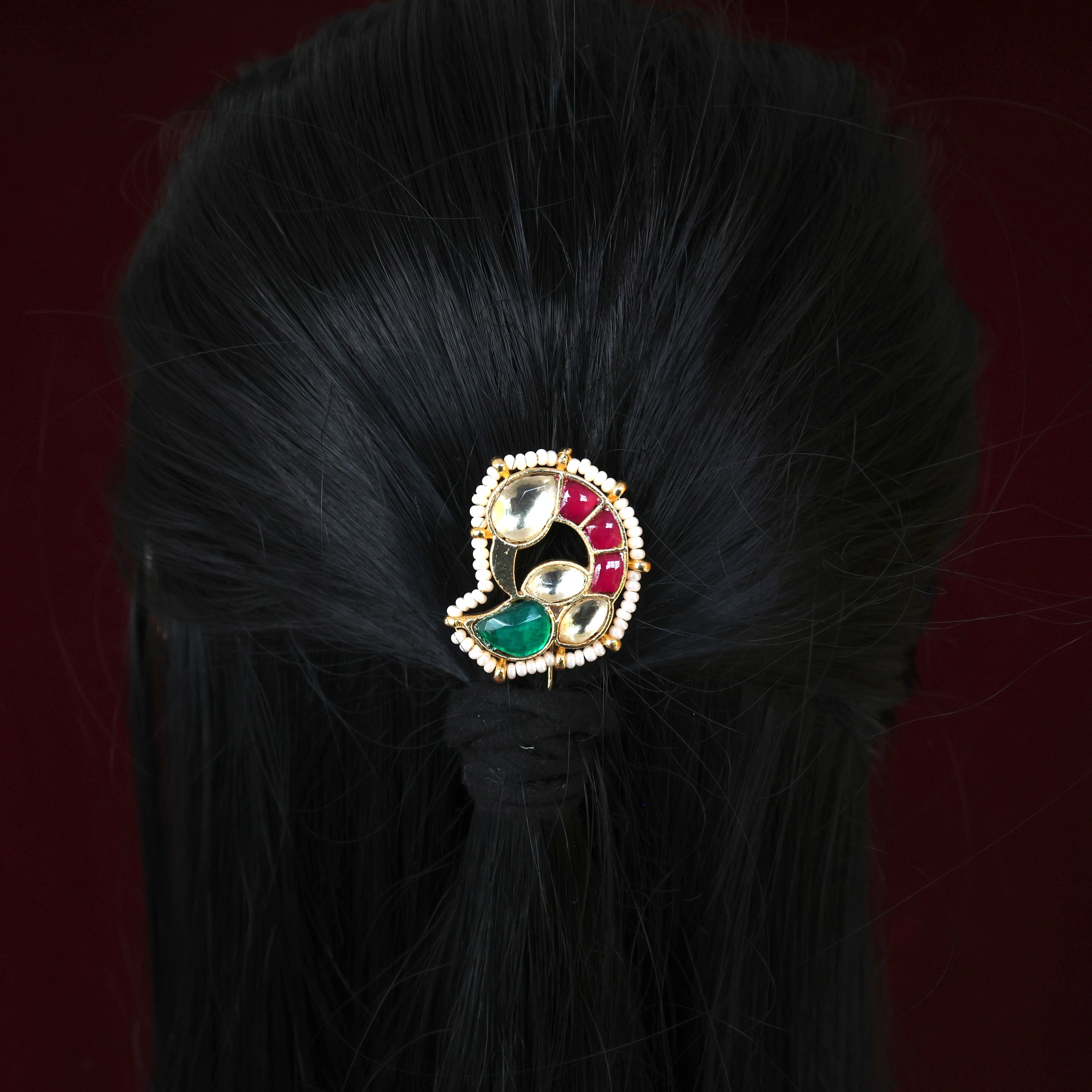 Handmade Pachi Kundan Single Piece Bridal Hair Choti - Mor