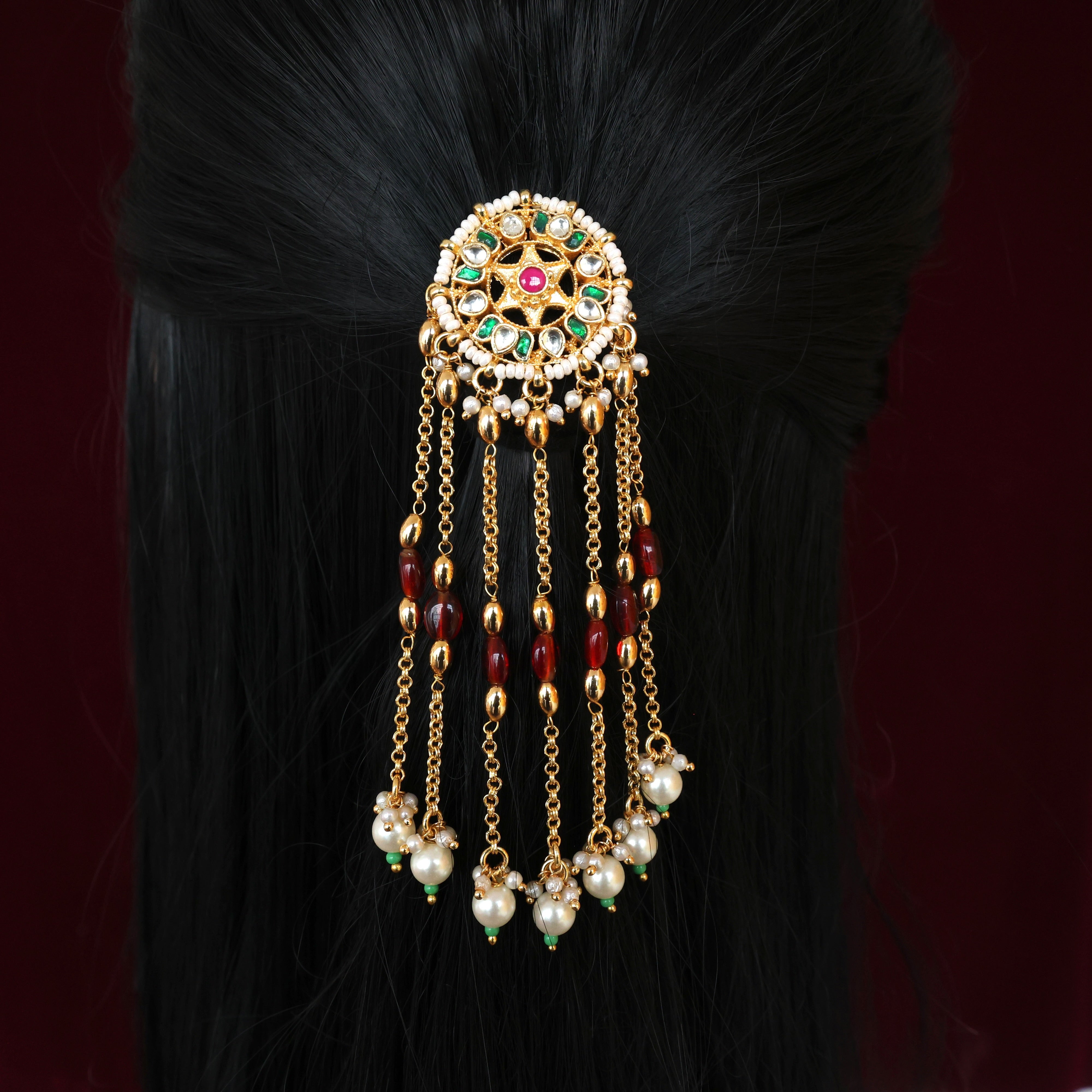 Handmade Pachi Kundan Single Piece Bridal Hair Choti - Star Lotus Golden Rain (Green & White)