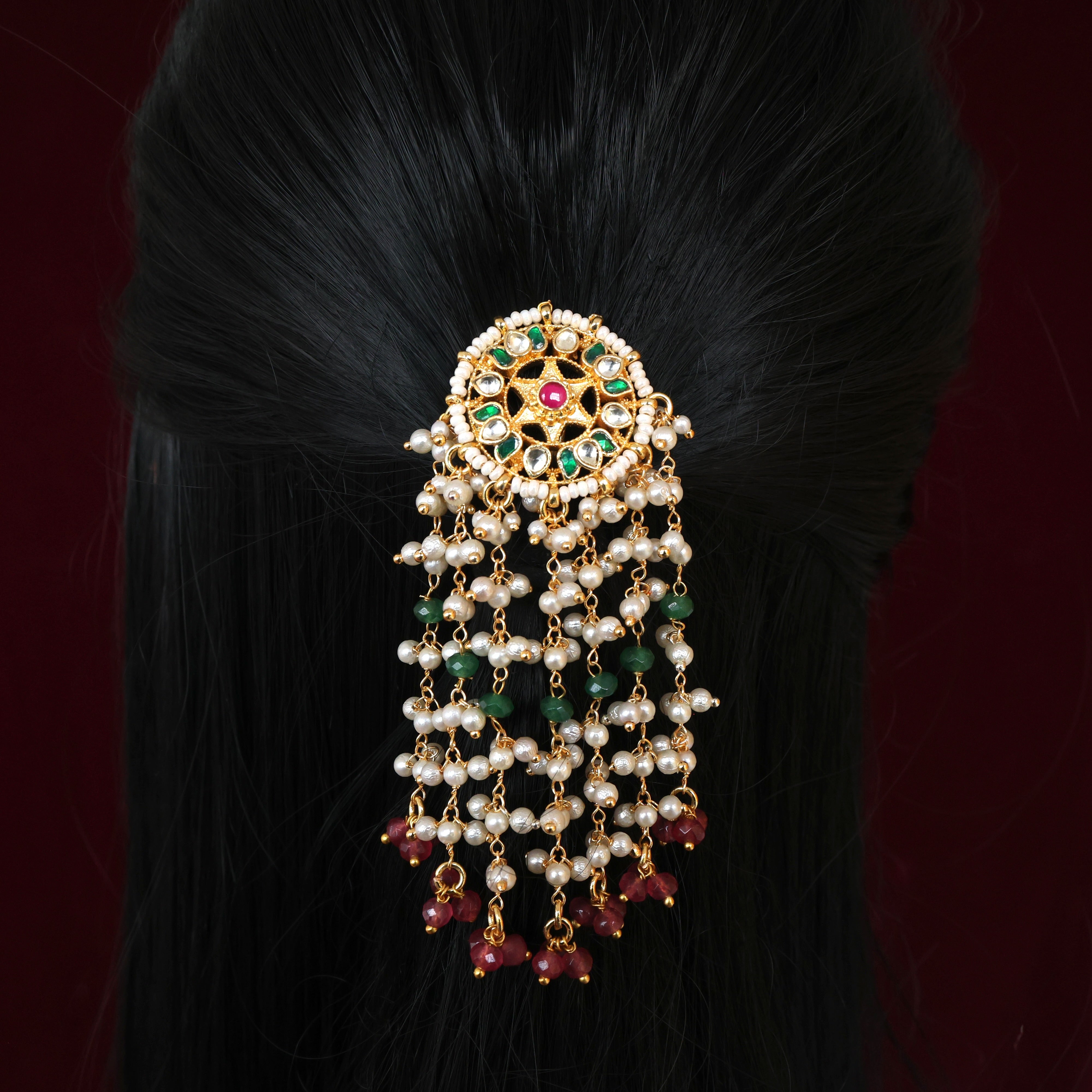 Handmade Pachi Kundan Single Piece Bridal Hair Choti - Star Lotus Crystal Pearl Hangings (Green & White)