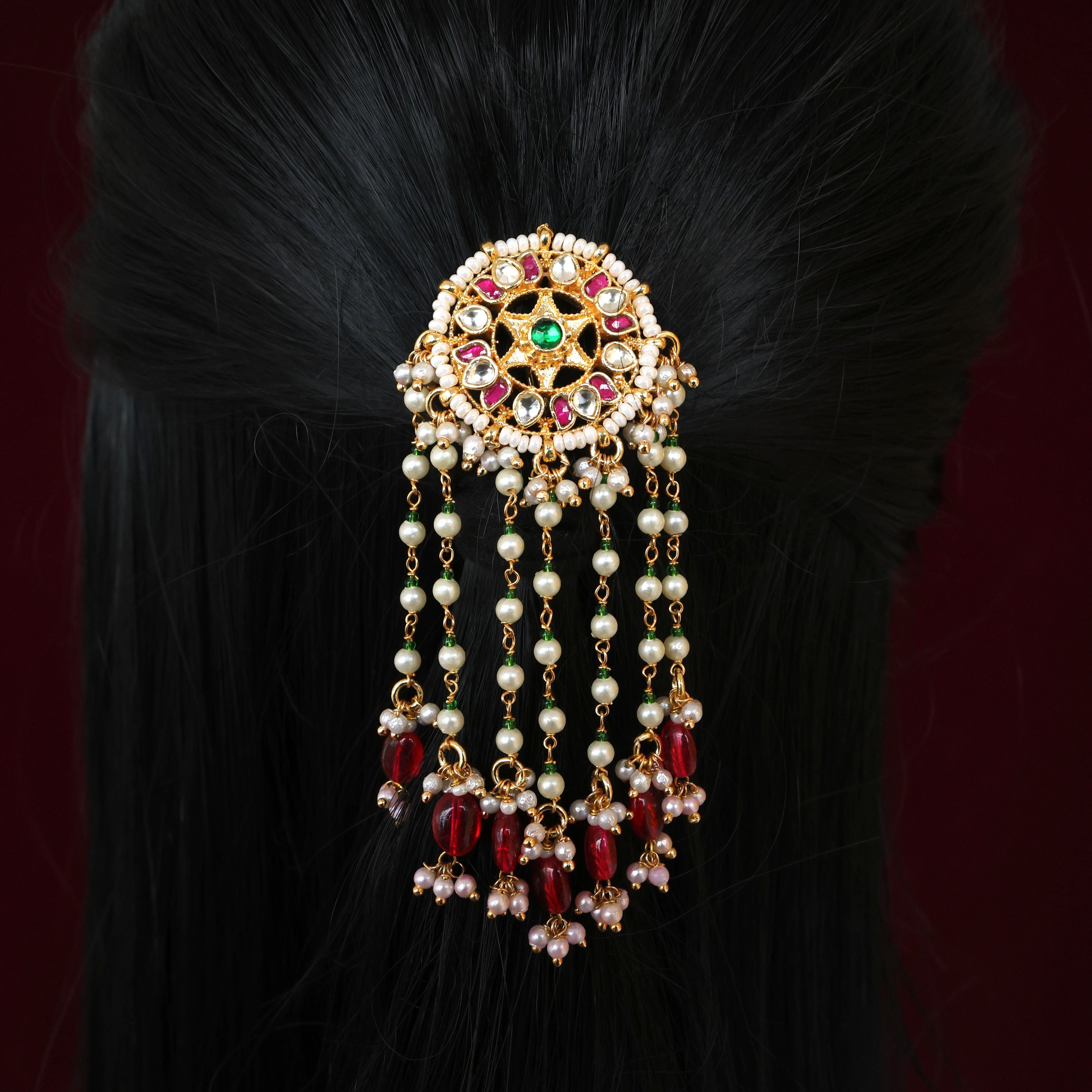 Handmade Pachi Kundan Single Piece Bridal Hair Choti - Star Lotus Pearl Rain Bead Hangings (Ruby & White)