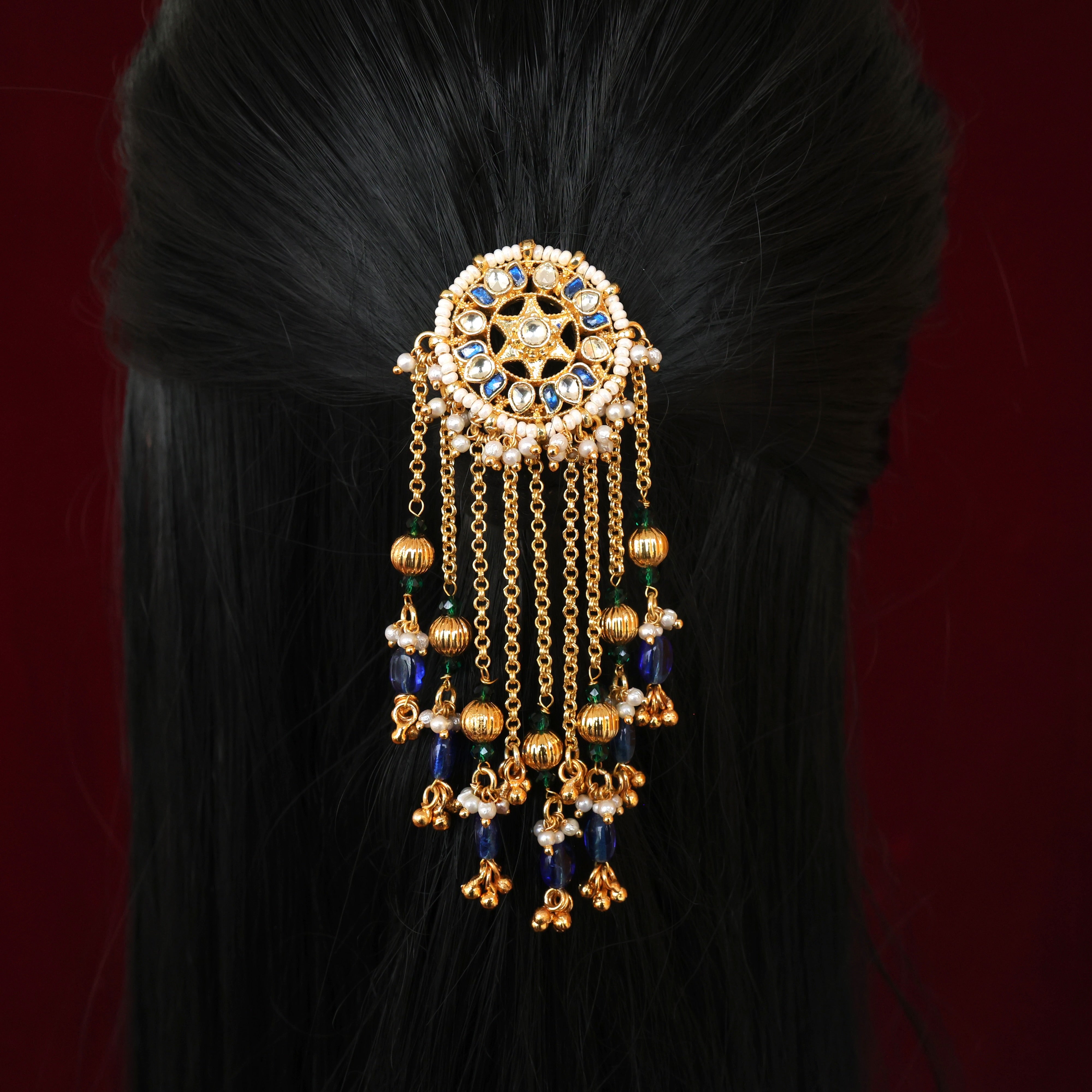 Handmade Pachi Kundan Single Piece Bridal Hair Choti - Star Lotus Crystal Ball Hangings (Blue & White)