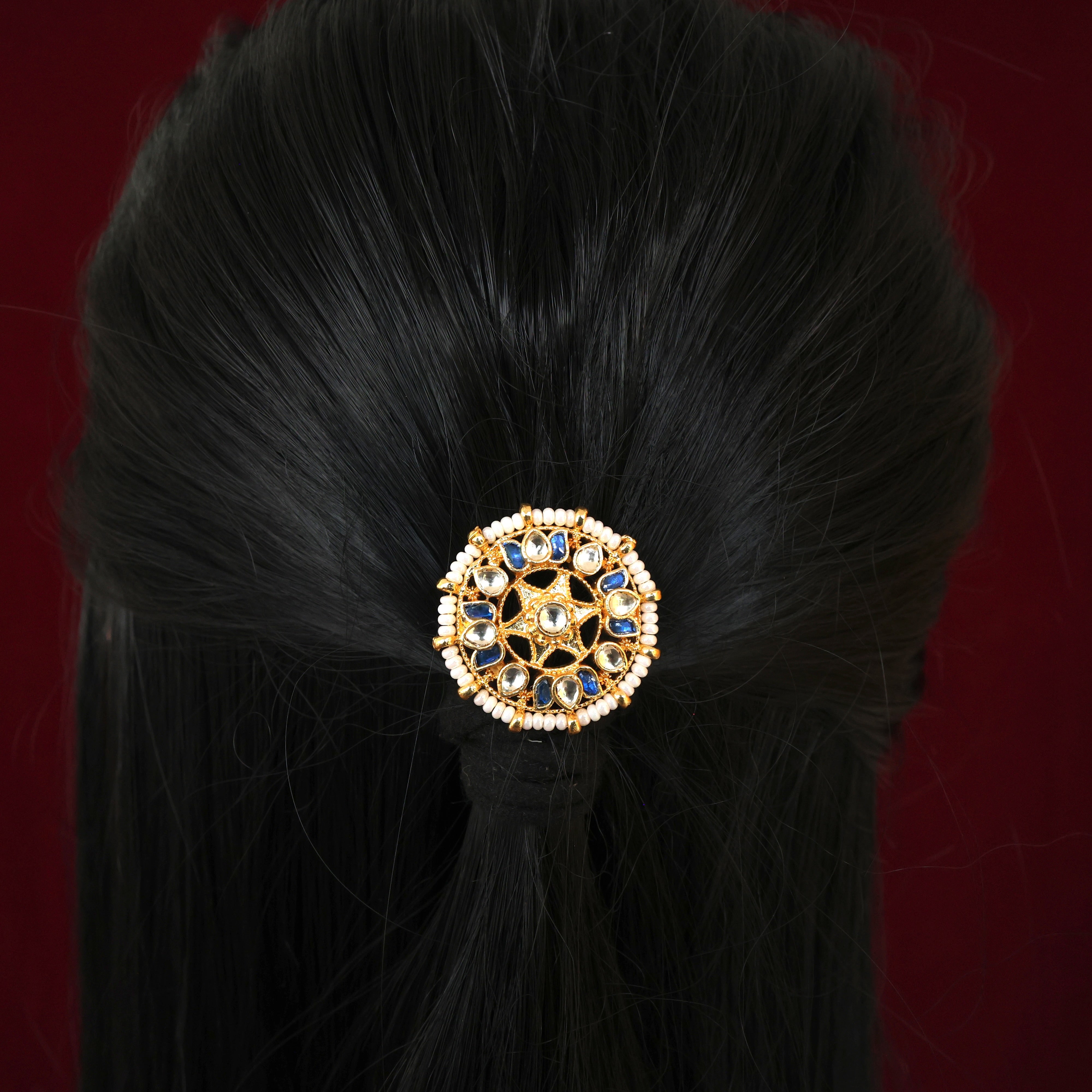 Handmade Pachi Kundan Single Piece Bridal Hair Choti - Star Lotus (Blue & White)