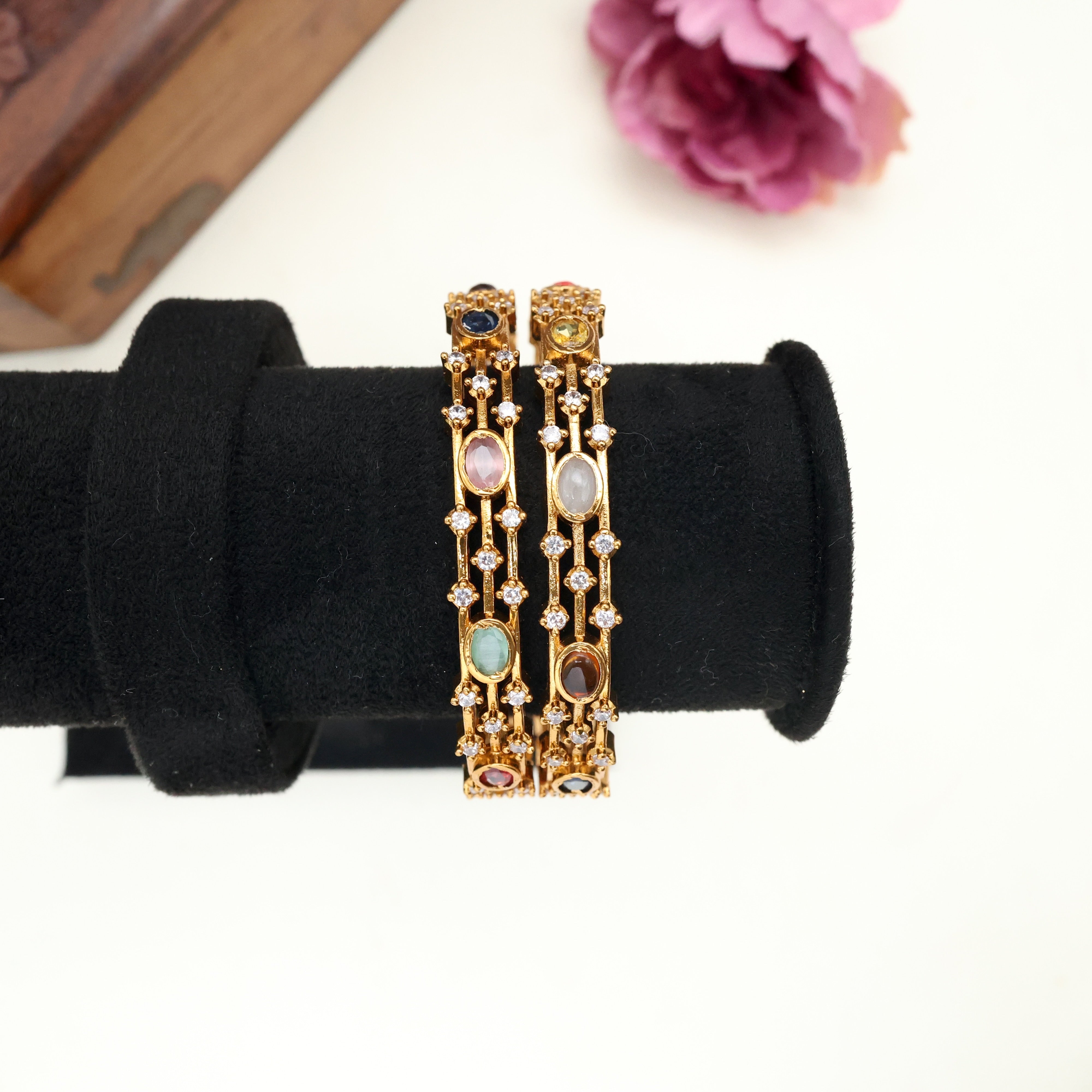 Set of 2 Diamond Look AD Navarathna Bangles