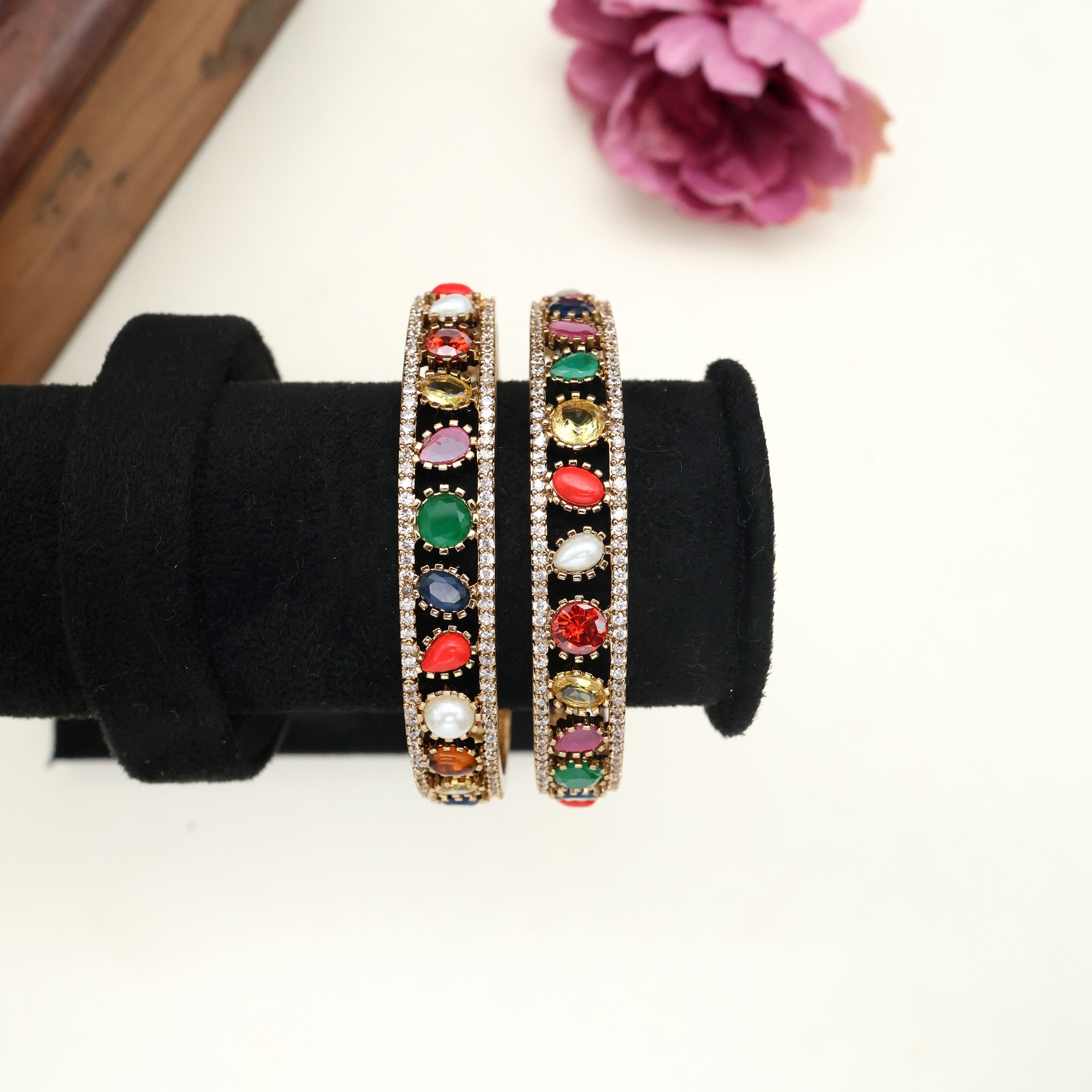 Set of 2 Oval Stones Navarathna Diamond Look AD Bangles