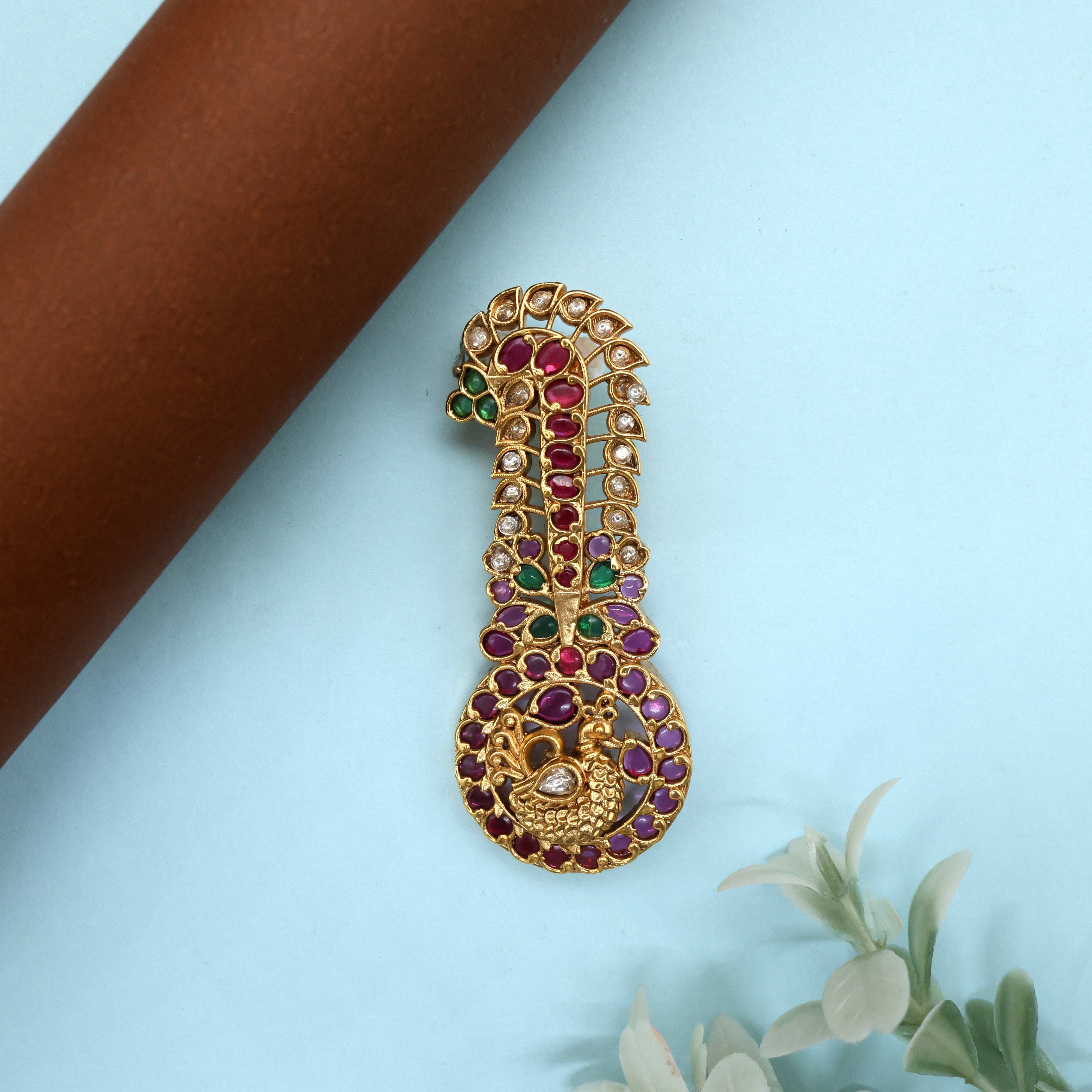 Antique Gold Kemp Kundan Annapakshi Kalangi Unisex Turban, Saree, Brooch Pin