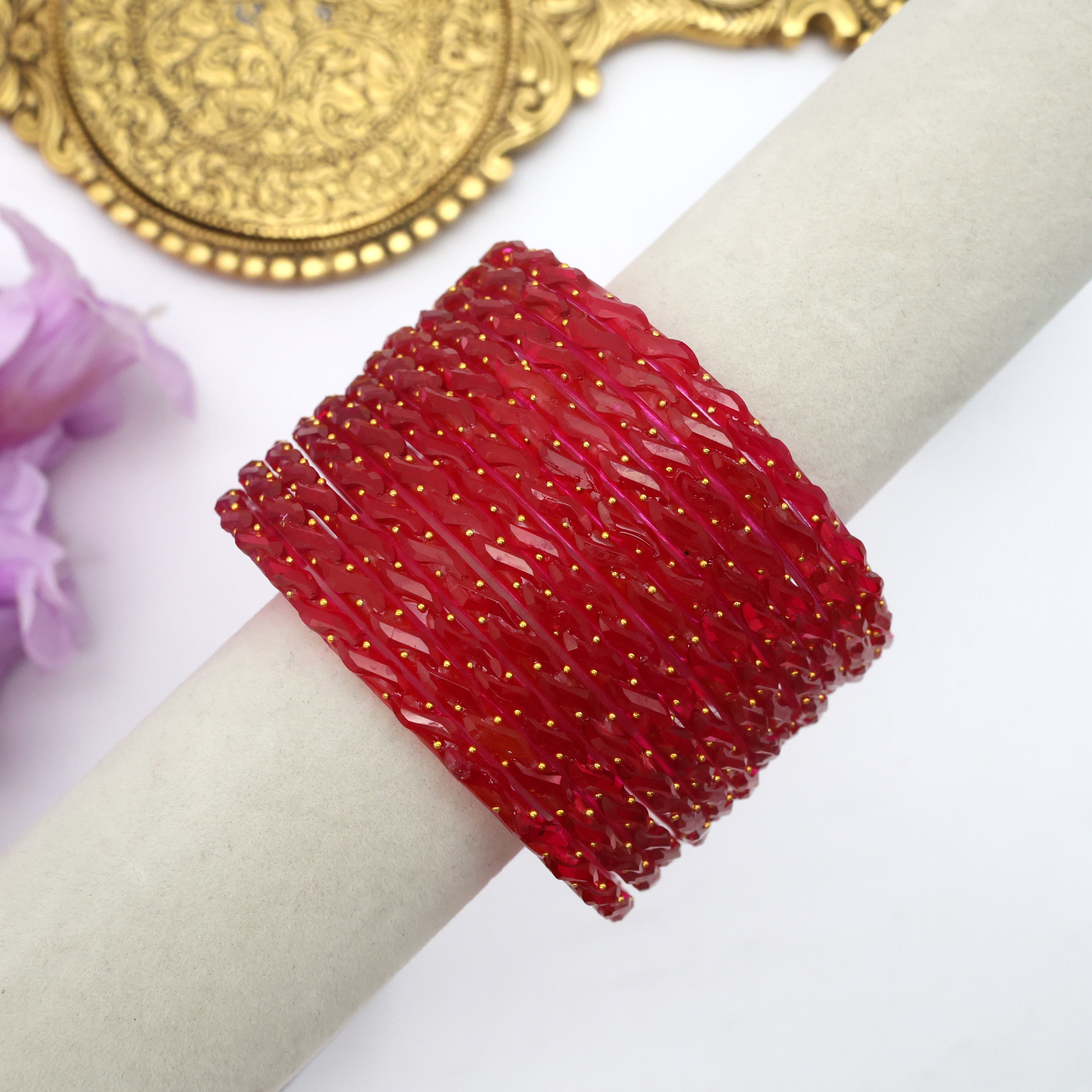 Premium Waves Gold Dots Glass Bangles - One Dozen