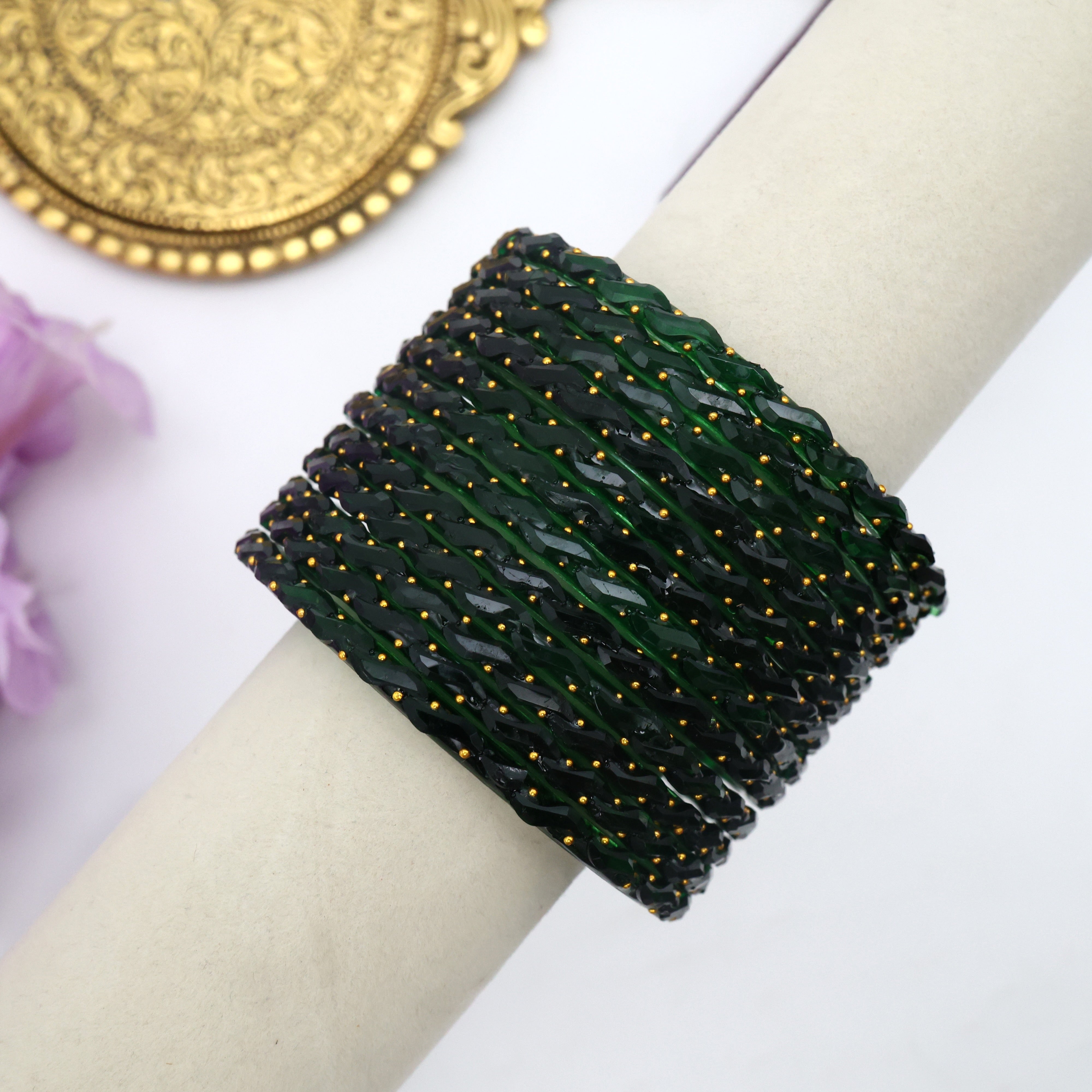 Premium Waves Gold Dots Glass Bangles - One Dozen