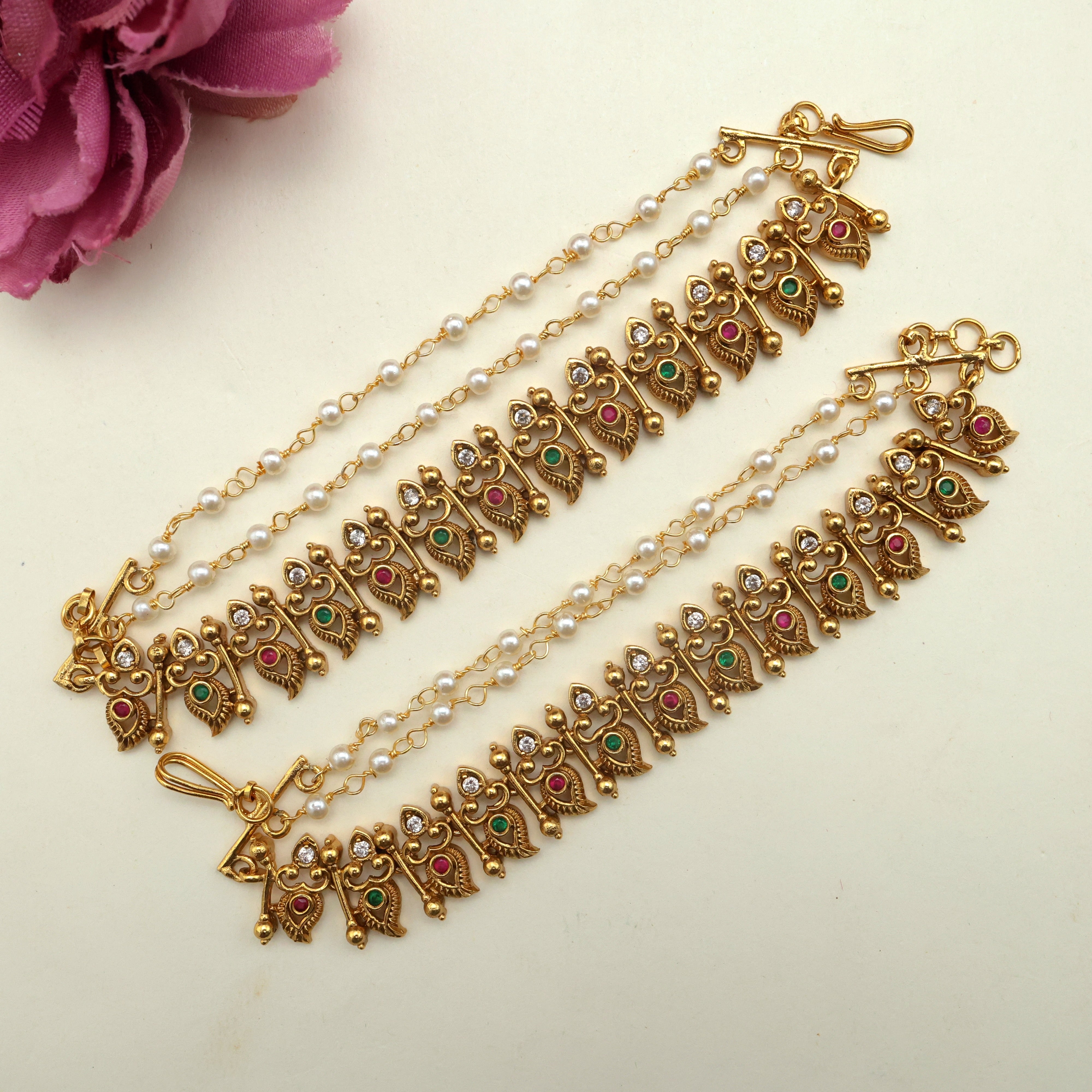 Antique Gold AD Paisley 3 Layer Ear Chain - Bridal Maatal