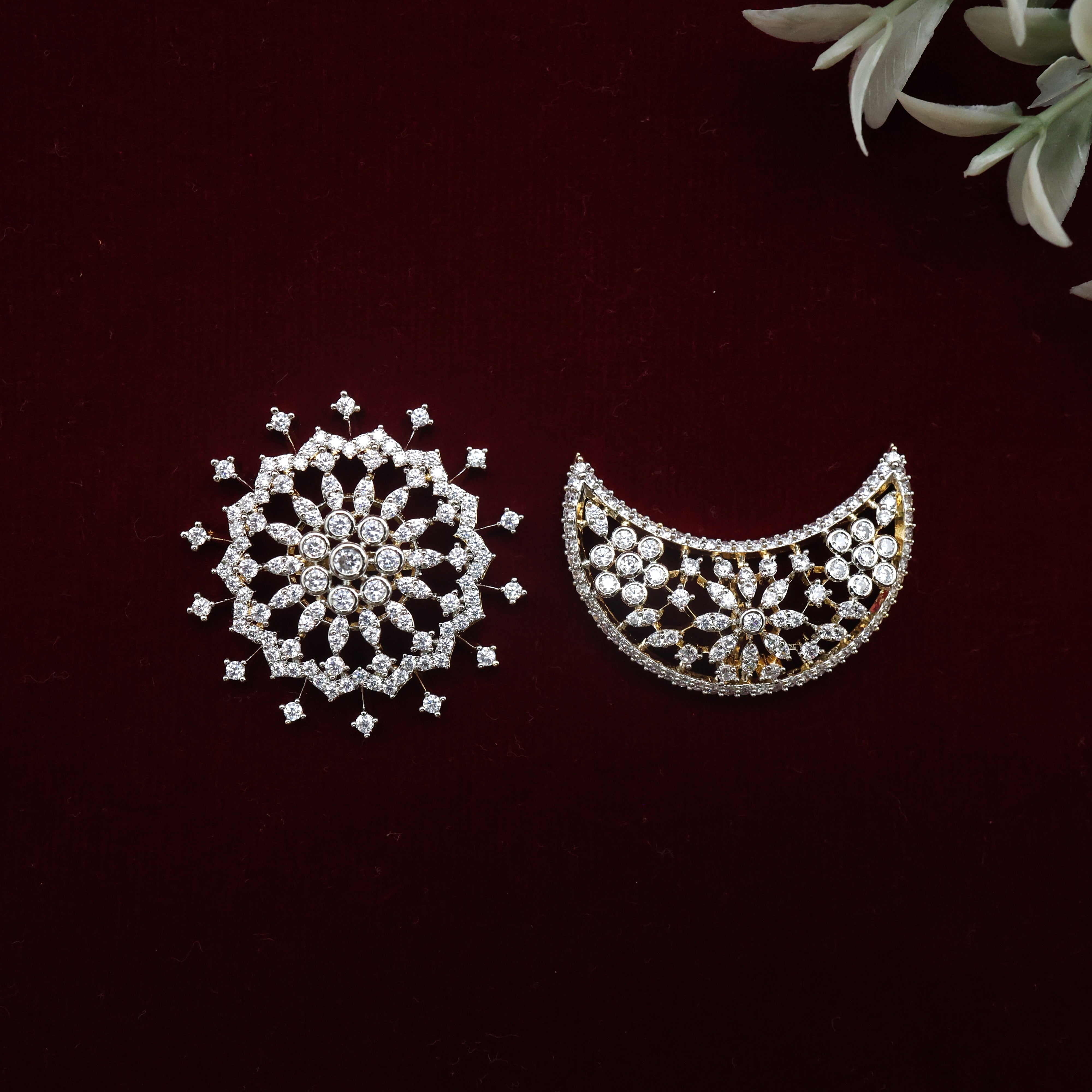 Diamond Look White AD Stones Sparkle Sun Moon Jada Billas - GJ Polish Suryan Chandran Bridal Jadai Billais