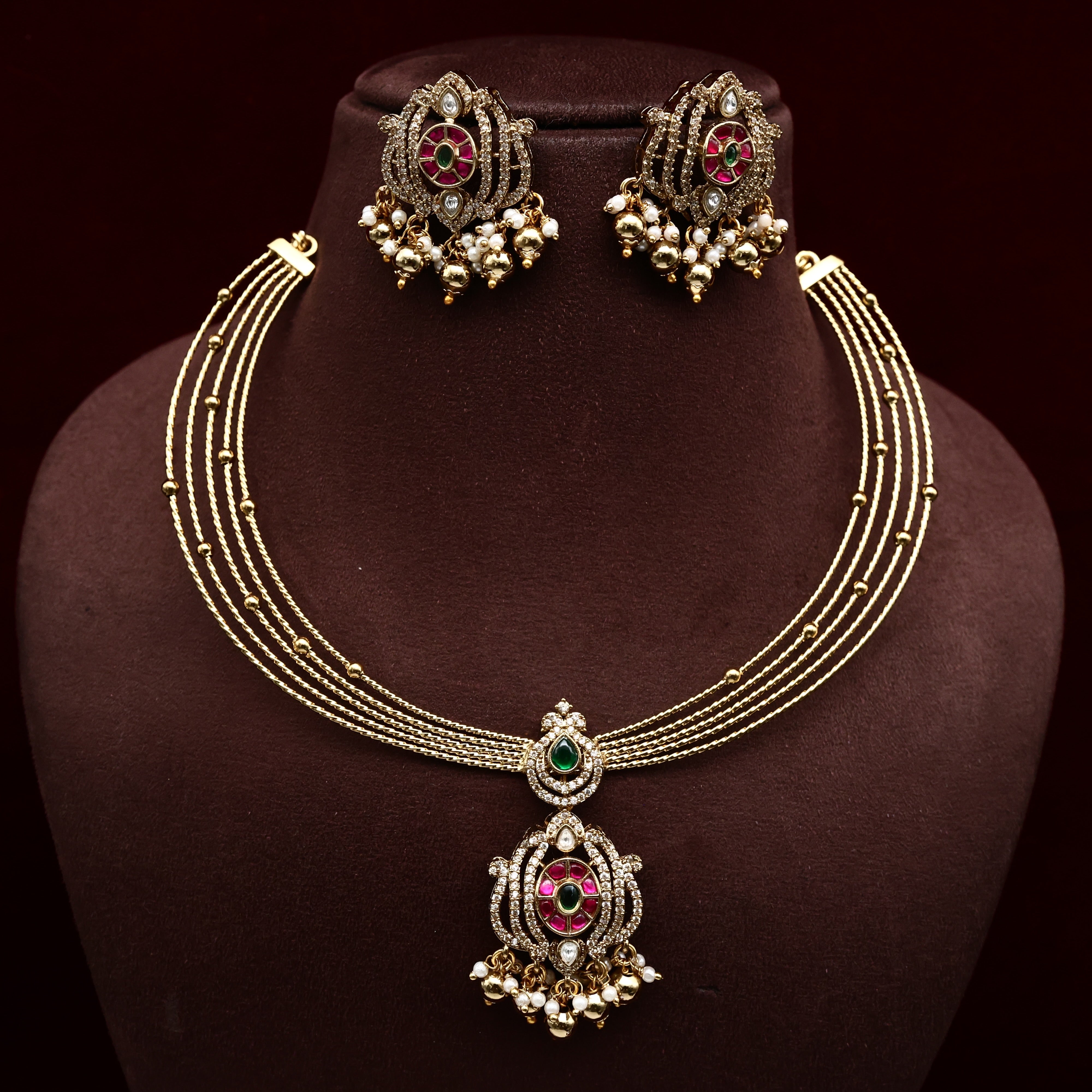 Diamond Look AD Lotus Chakra Flower Hasli Necklace Set - Tranding Kante Design