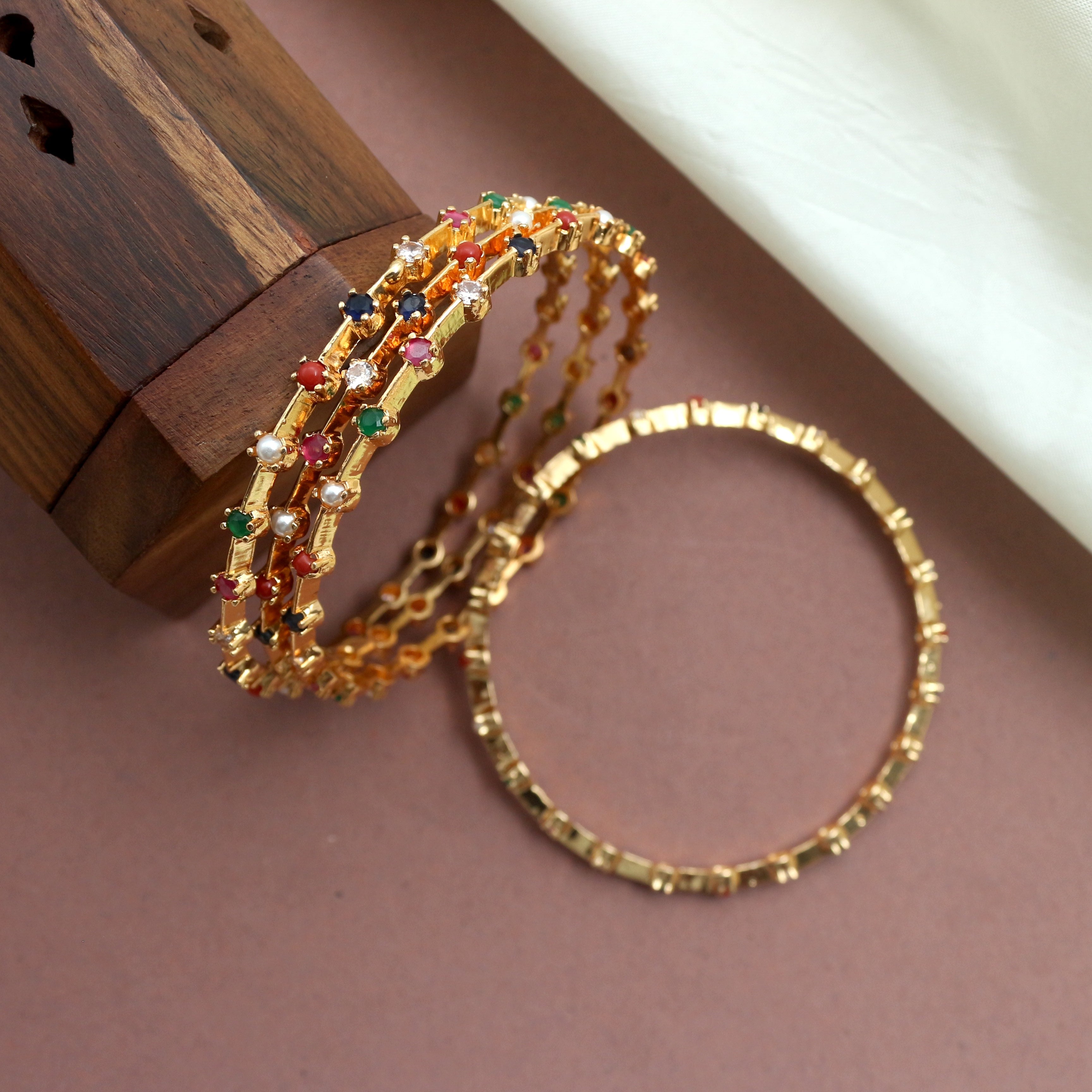 Lightweight Real Gold Tone Traditional Navarathna Set of 4Bangles