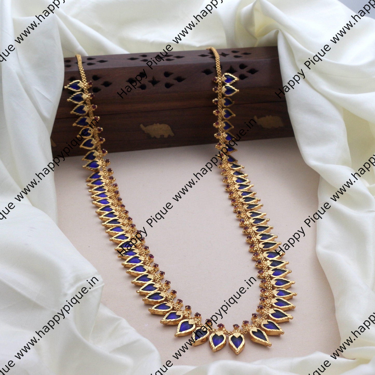 Real Gold Tone Traditional Kerala AD Leaf Palakka Haaram - Blue